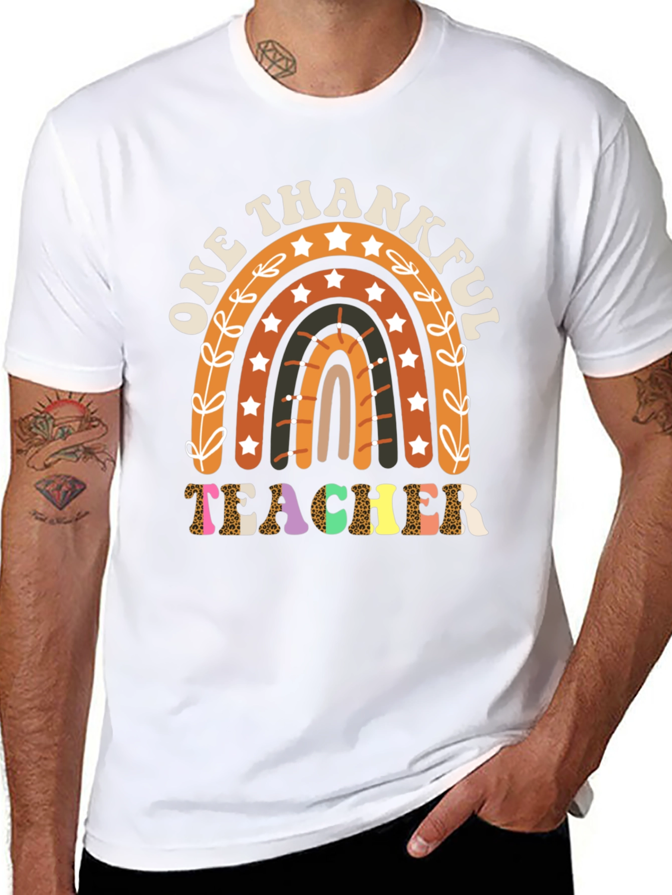 One Thankful Teacher T-Shirt Fall Rainbow Tee