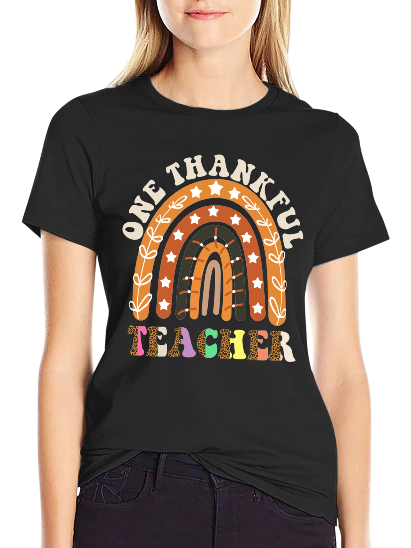 One Thankful Teacher T-Shirt Fall Rainbow Tee