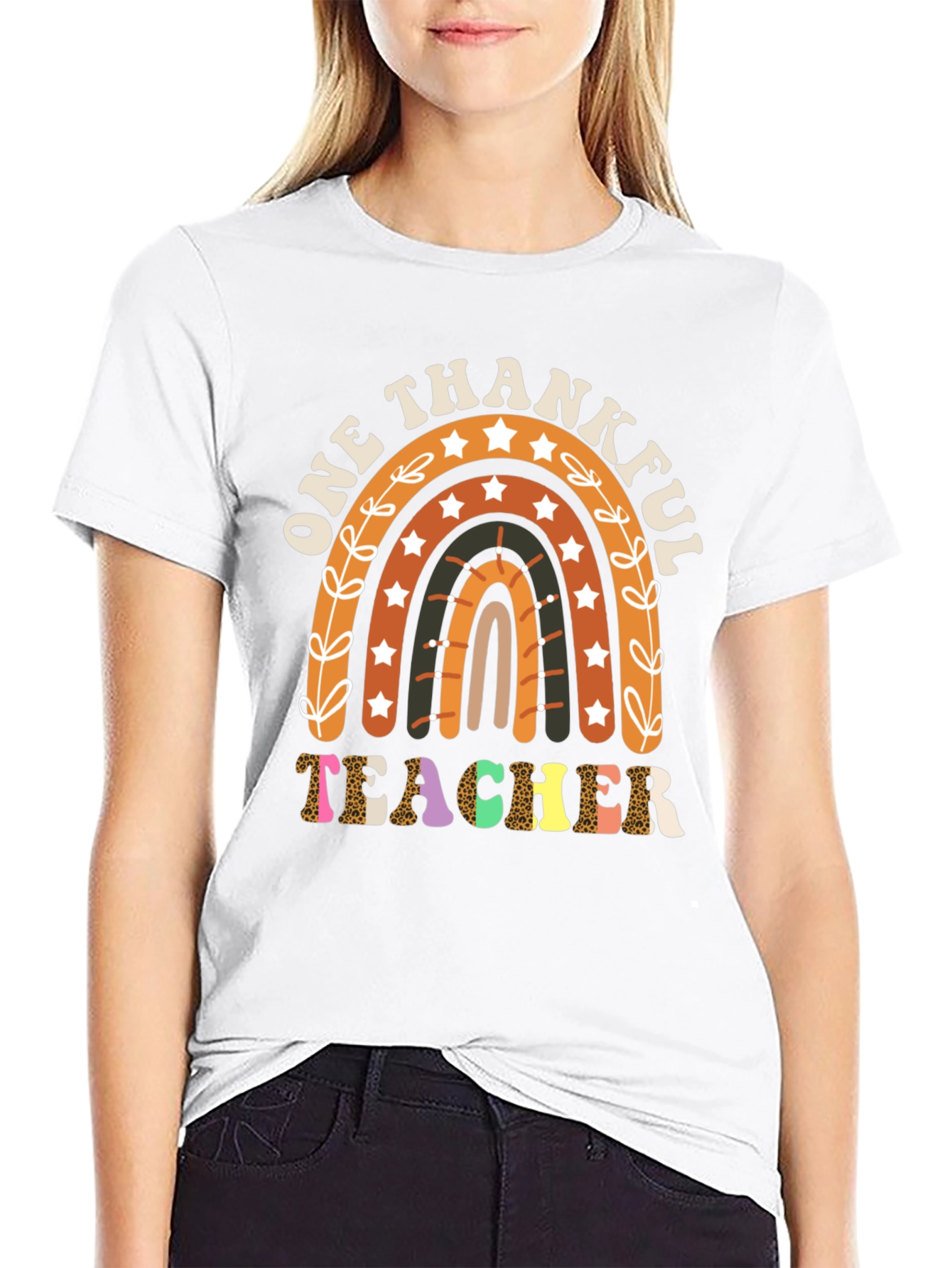 One Thankful Teacher T-Shirt Fall Rainbow Tee