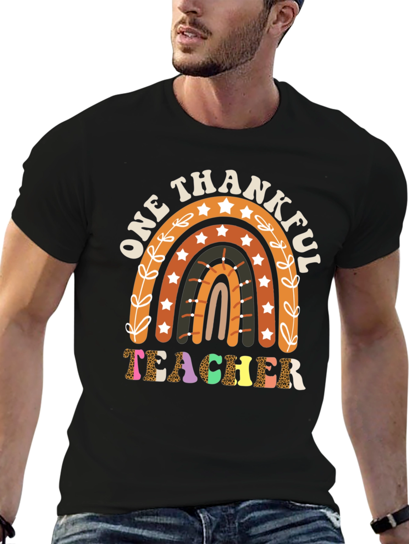 One Thankful Teacher T-Shirt Fall Rainbow Tee