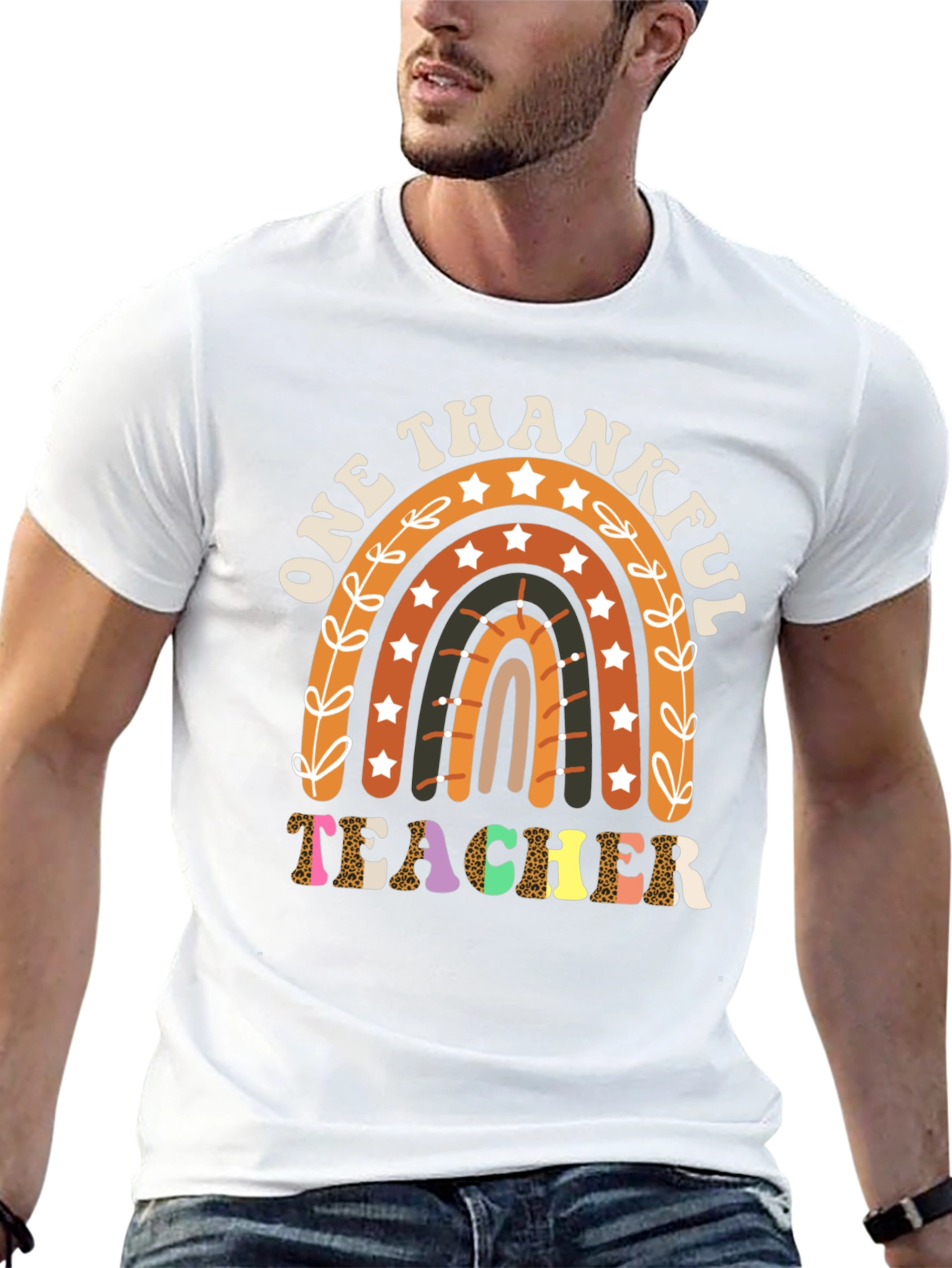 One Thankful Teacher T-Shirt Fall Rainbow Tee