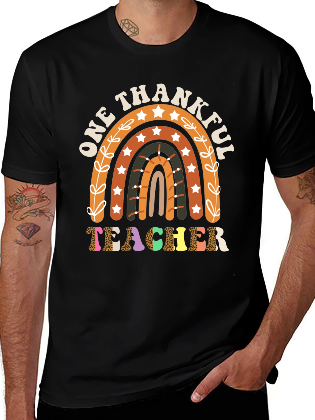 One Thankful Teacher T-Shirt Fall Rainbow Tee