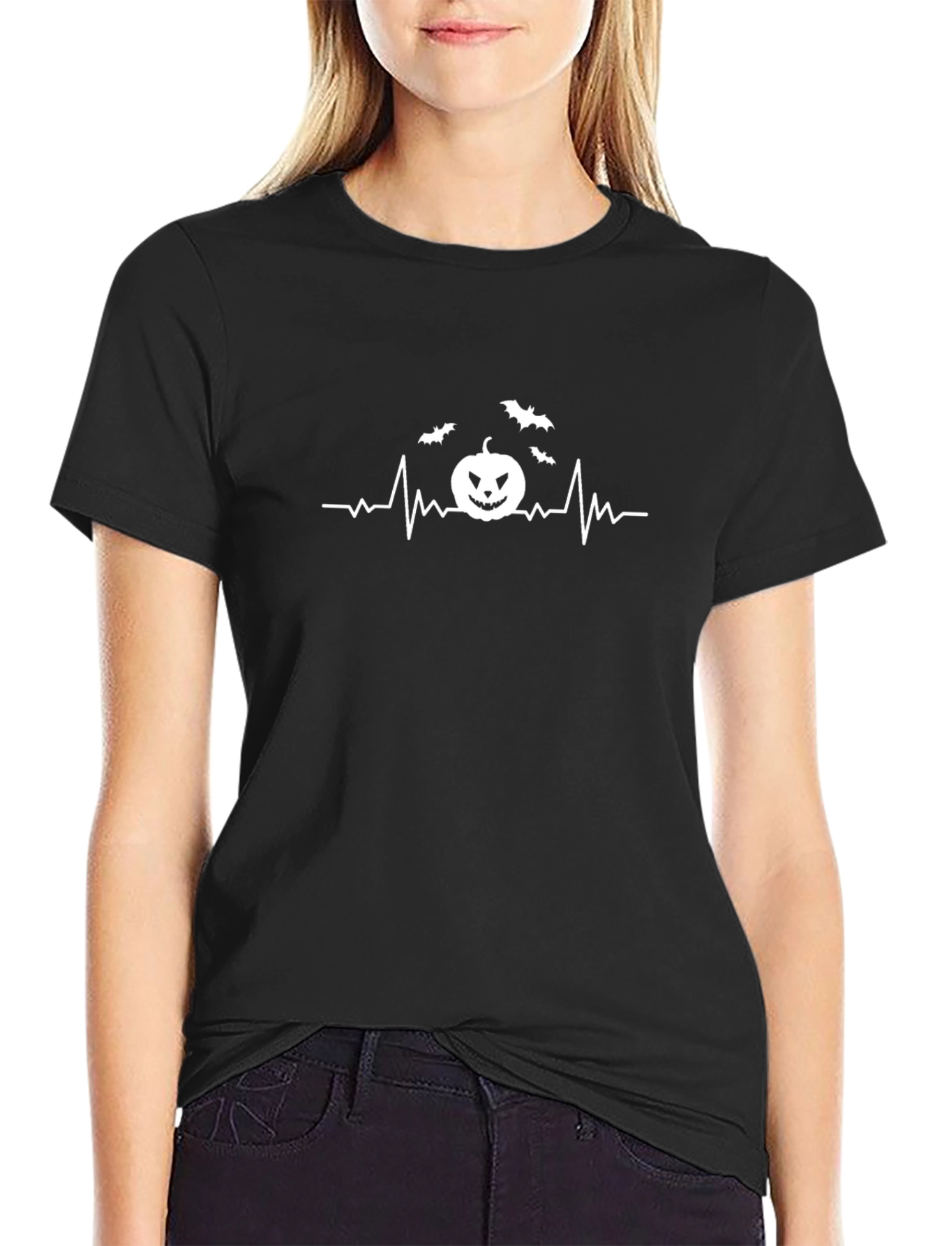 Halloween Heartbeat T-Shirt - Spooky Bat & Pumpkin Design