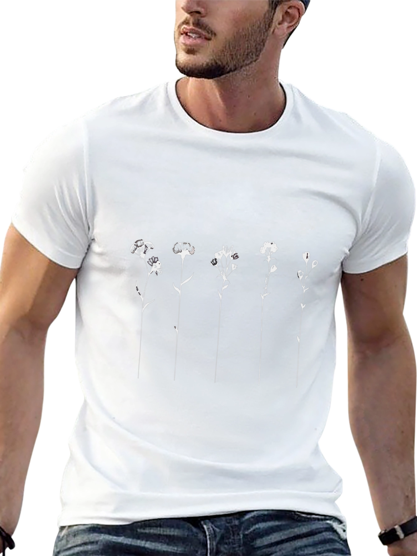 Floral Line Art Black T-Shirt