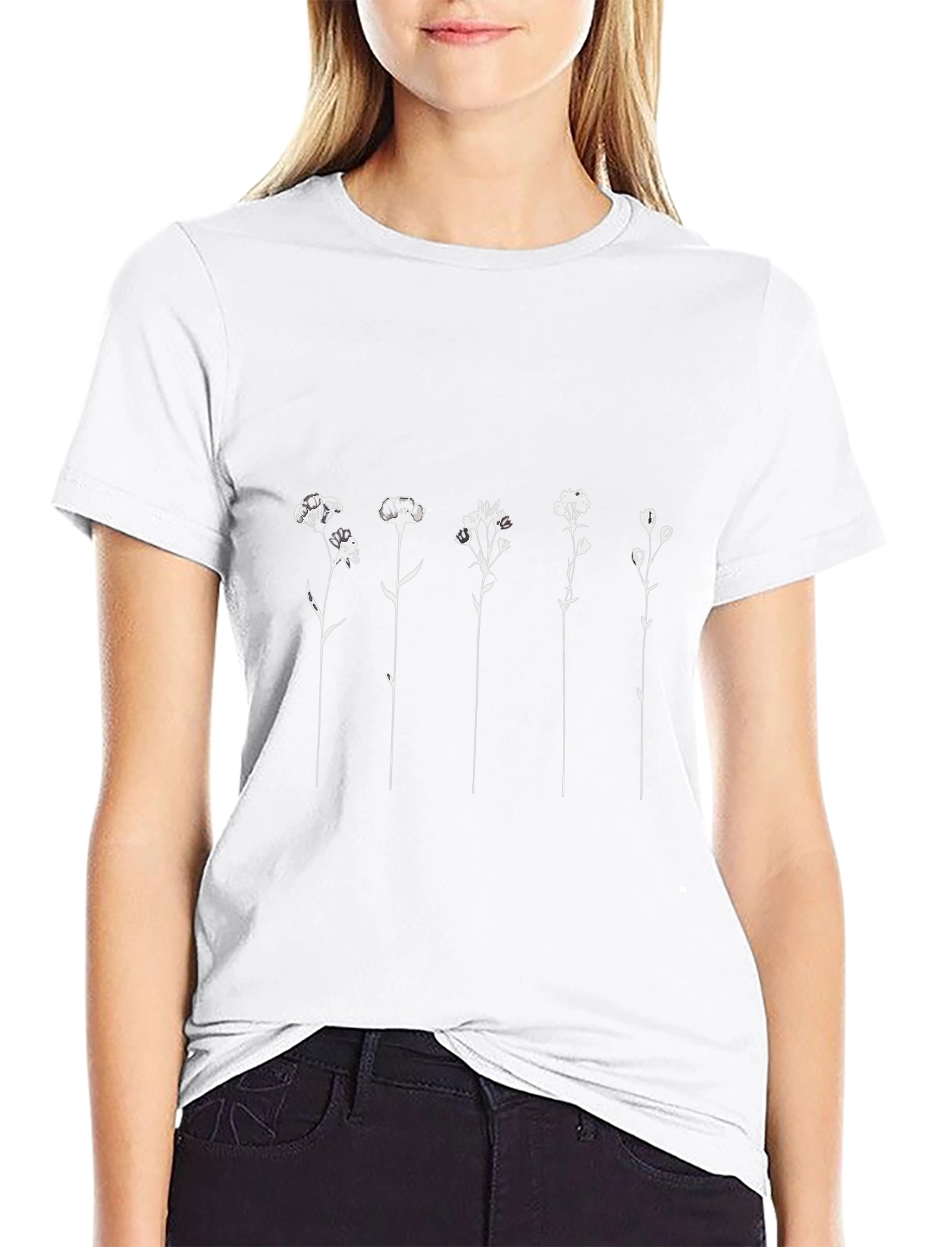 Floral Line Art Black T-Shirt