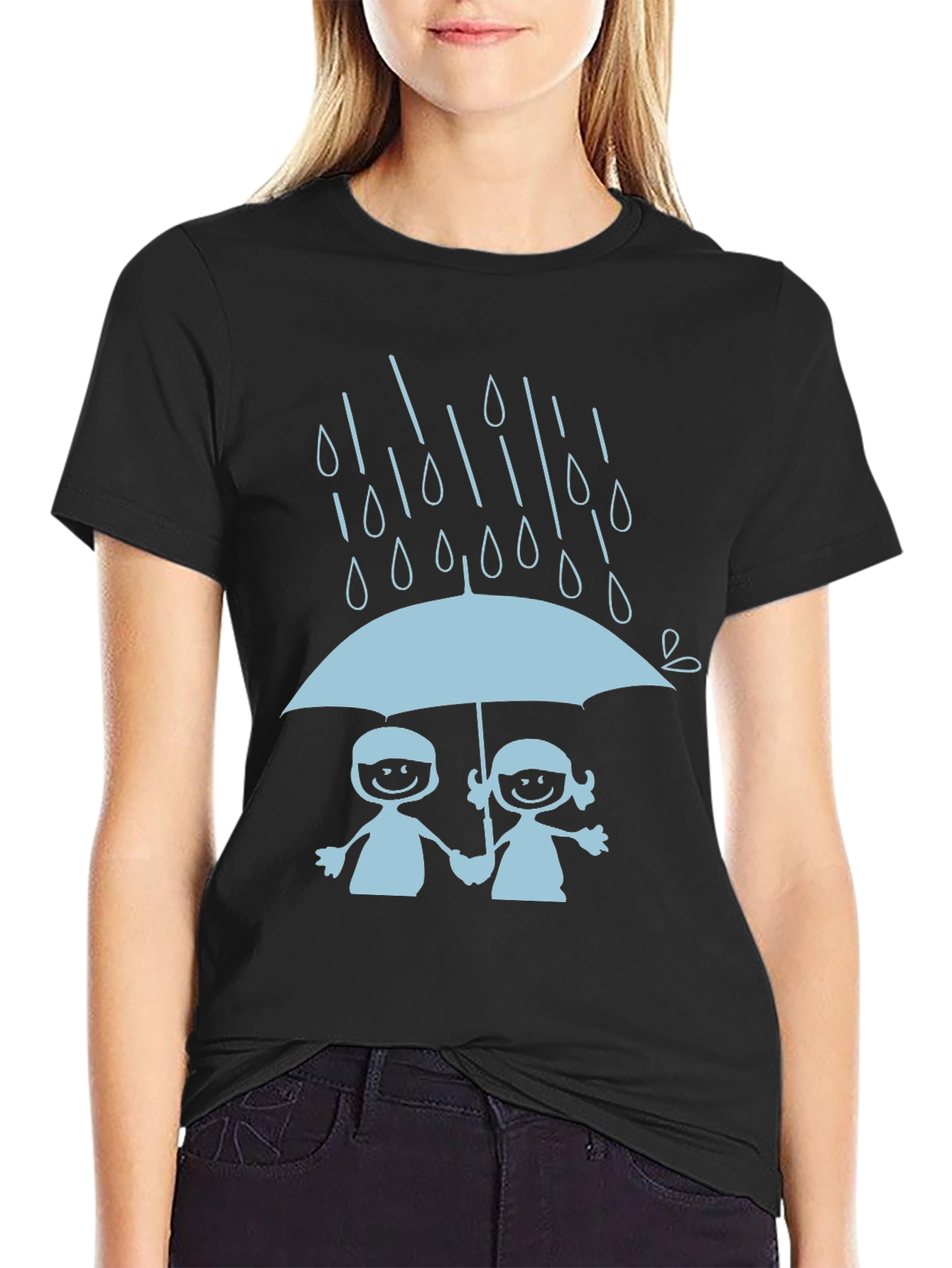 Cute Couple Under Umbrella Black T-Shirt
