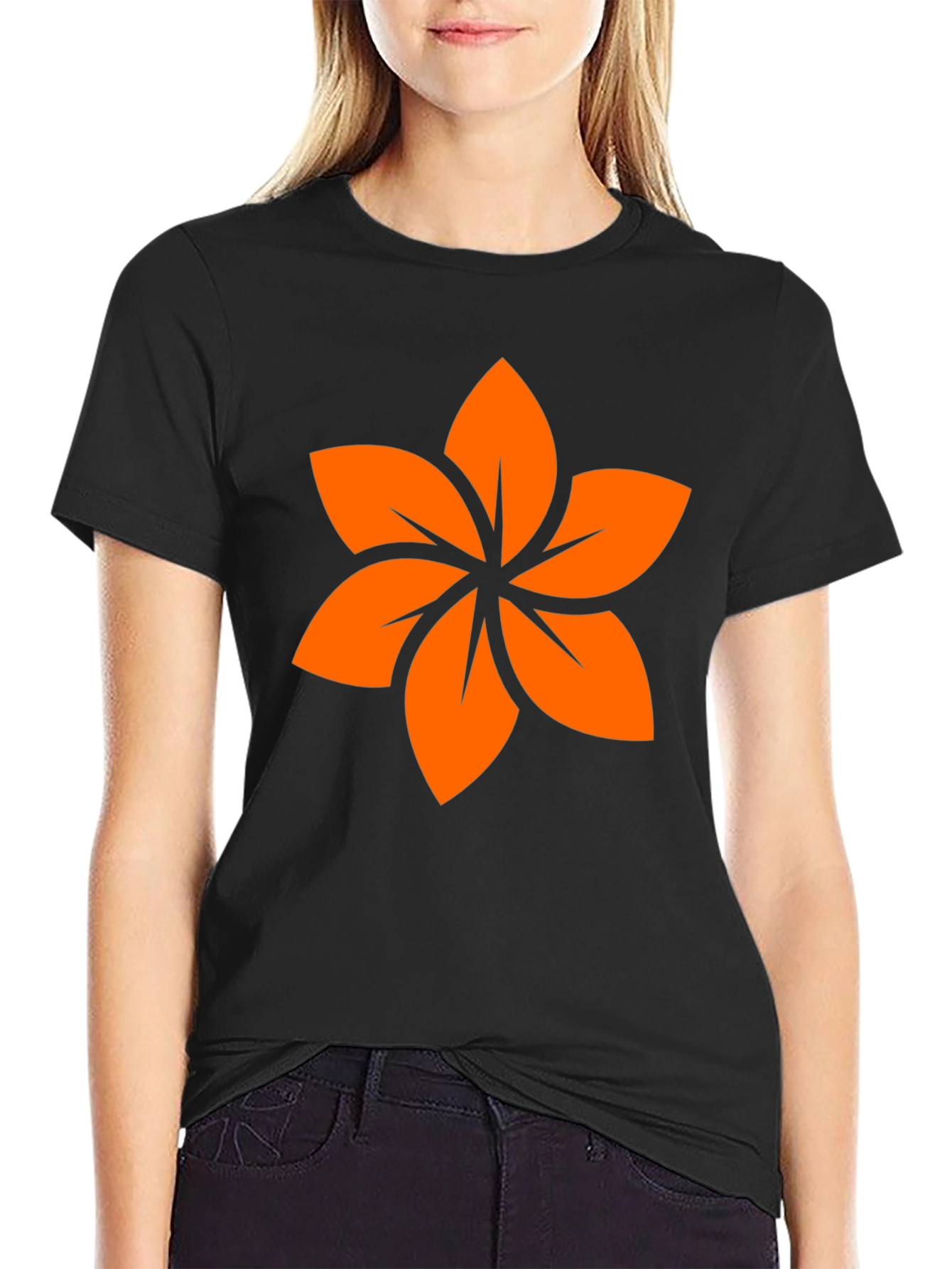 Black T-Shirt with Orange Floral Design