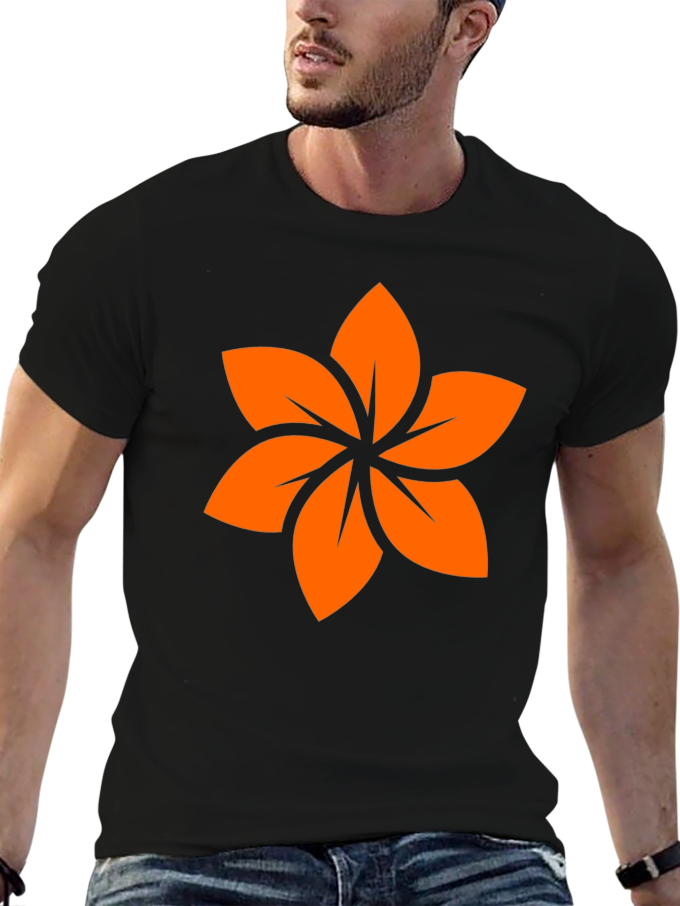 Black T-Shirt with Orange Floral Design
