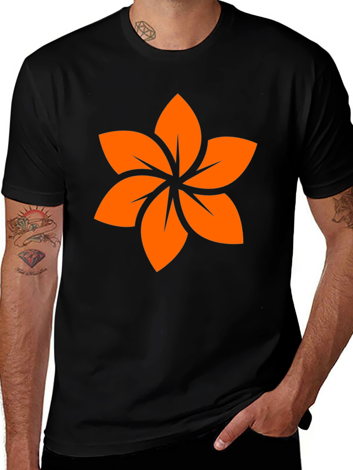Black T-Shirt with Orange Floral Design