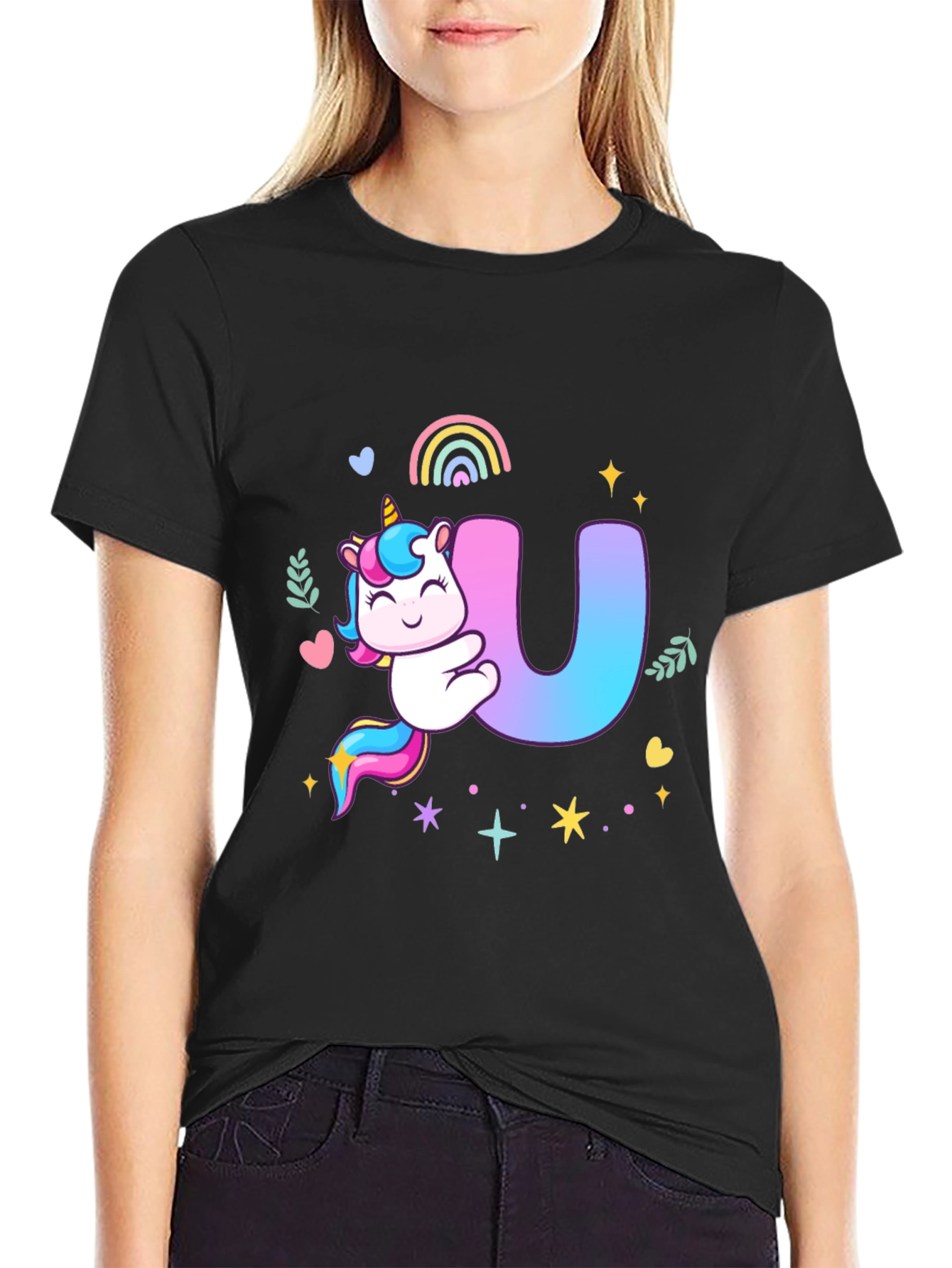 Unicorn U Initial Black T-Shirt