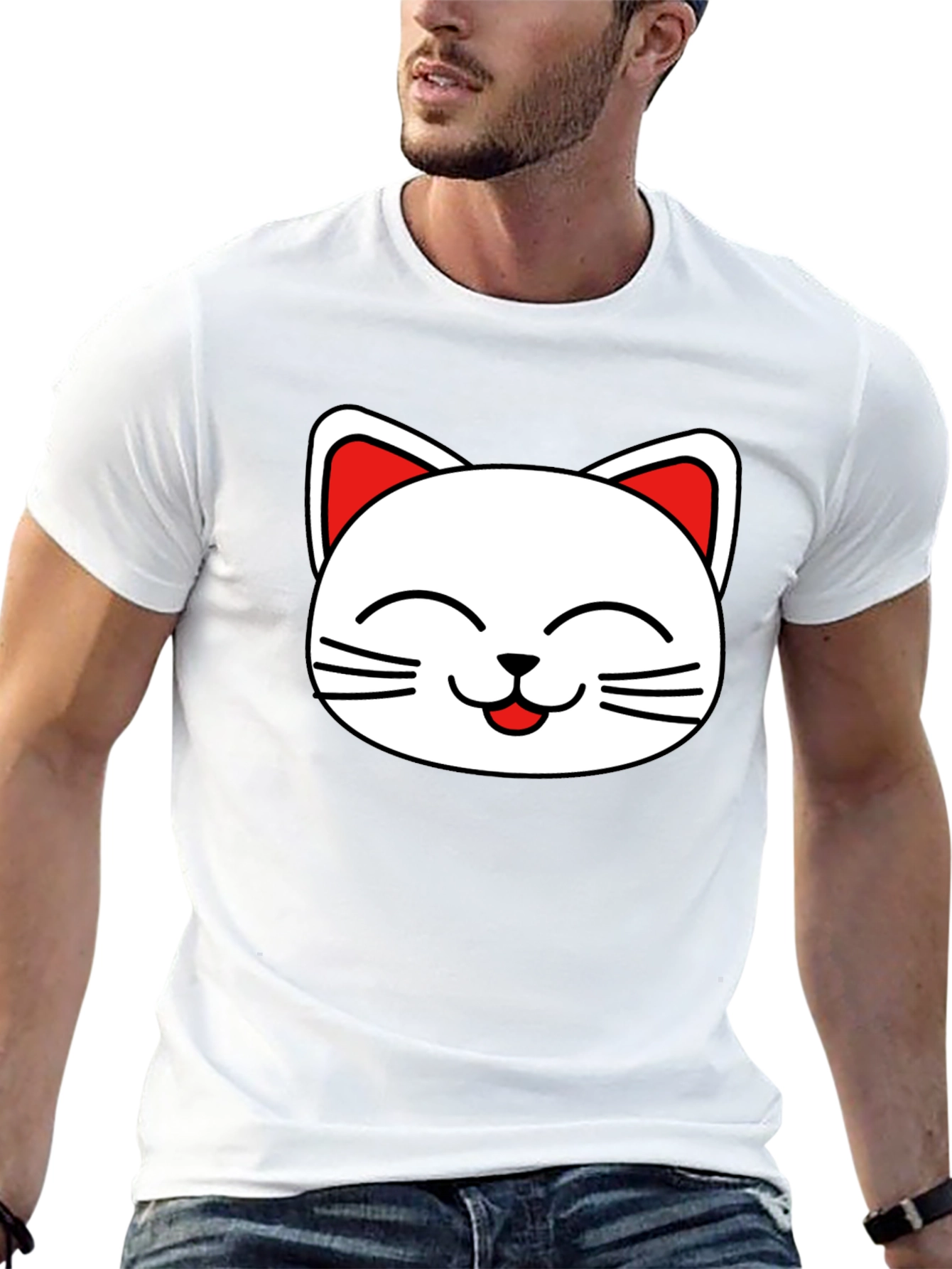Cute Cat Face Graphic T-Shirt - Black