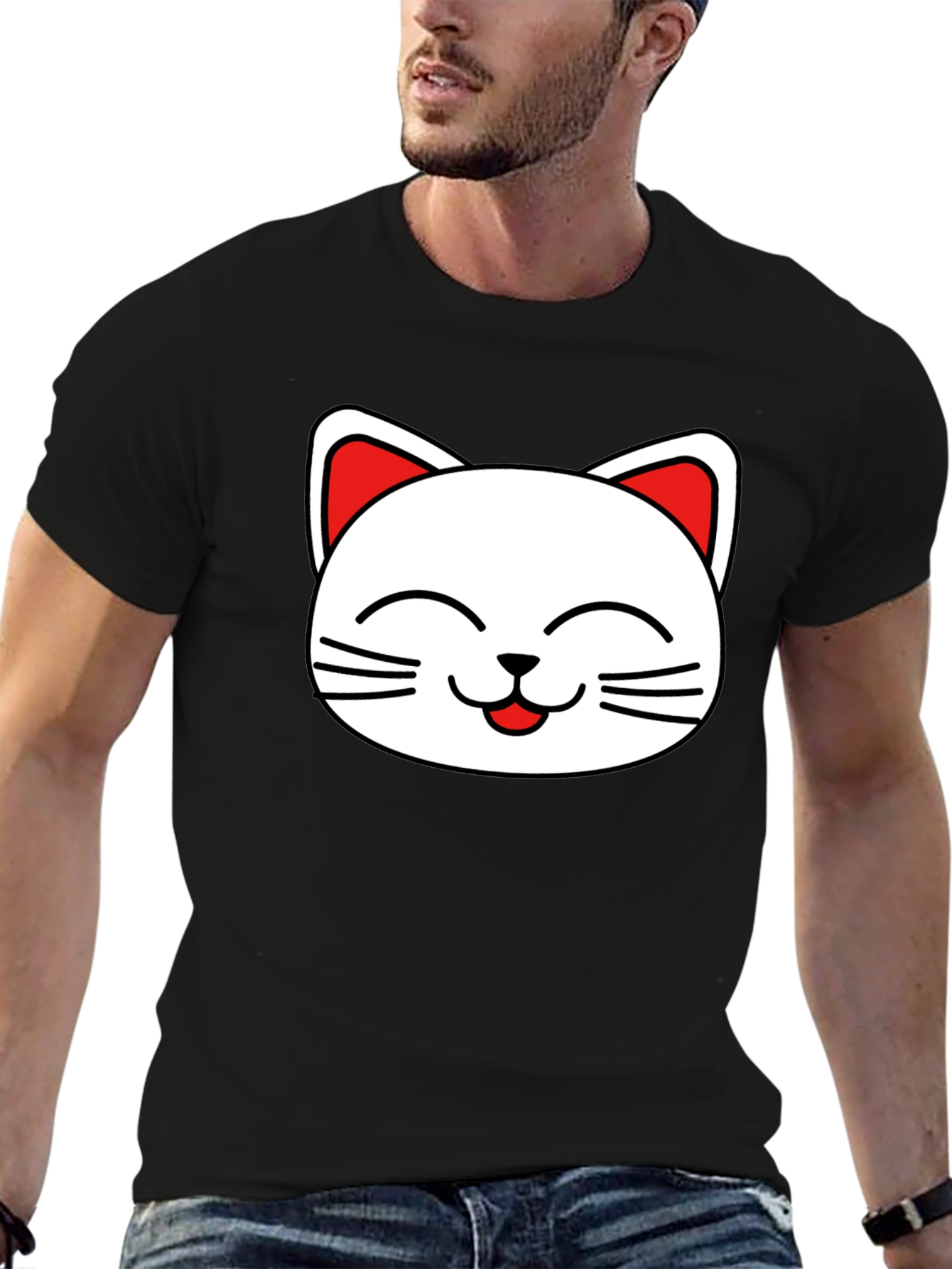Cute Cat Face Graphic T-Shirt - Black