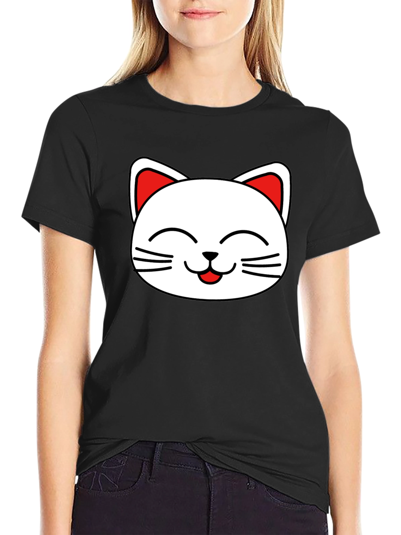 Cute Cat Face Graphic T-Shirt - Black