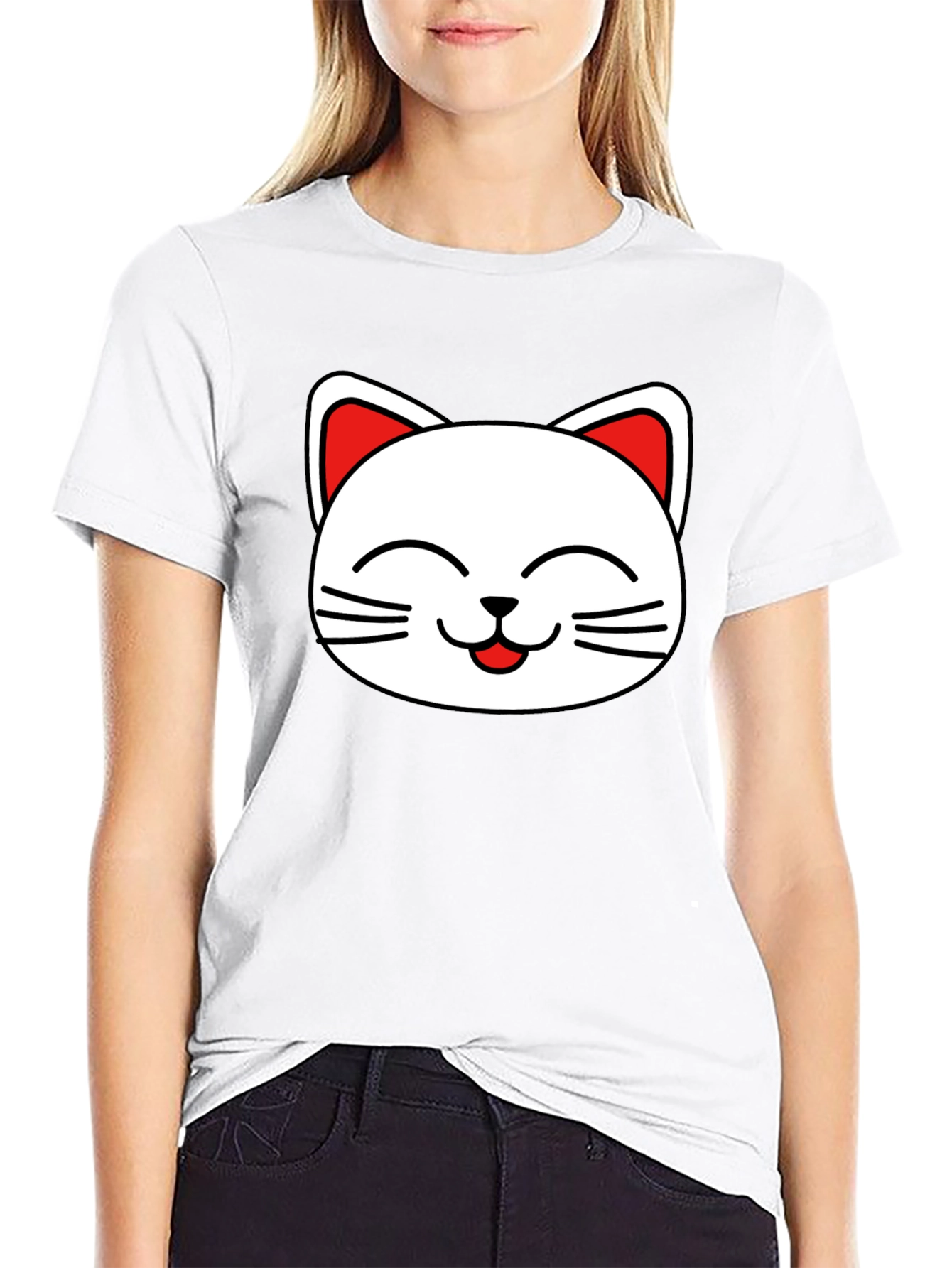Cute Cat Face Graphic T-Shirt - Black