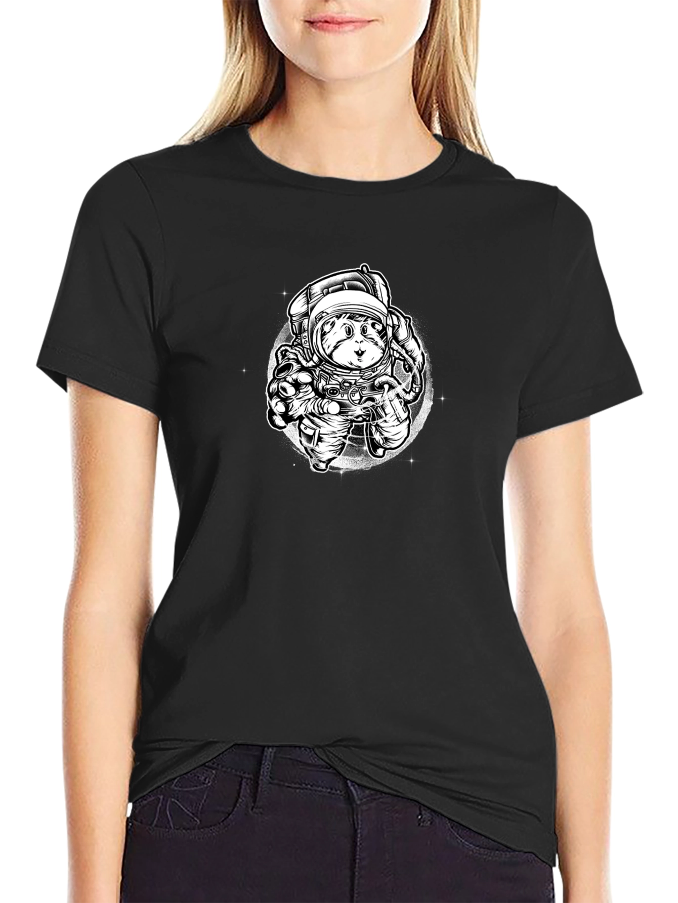 Astronaut Cat Graphic Tee - Black Cotton Blend