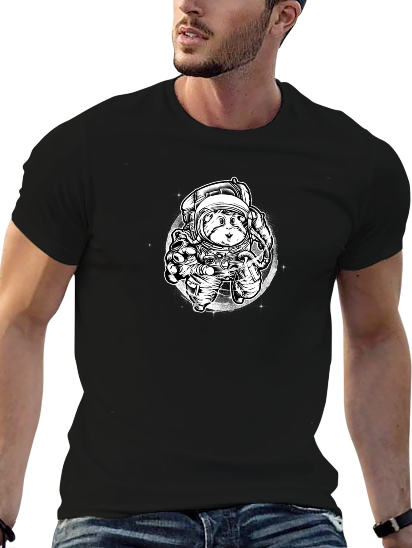 Astronaut Cat Graphic Tee - Black Cotton Blend