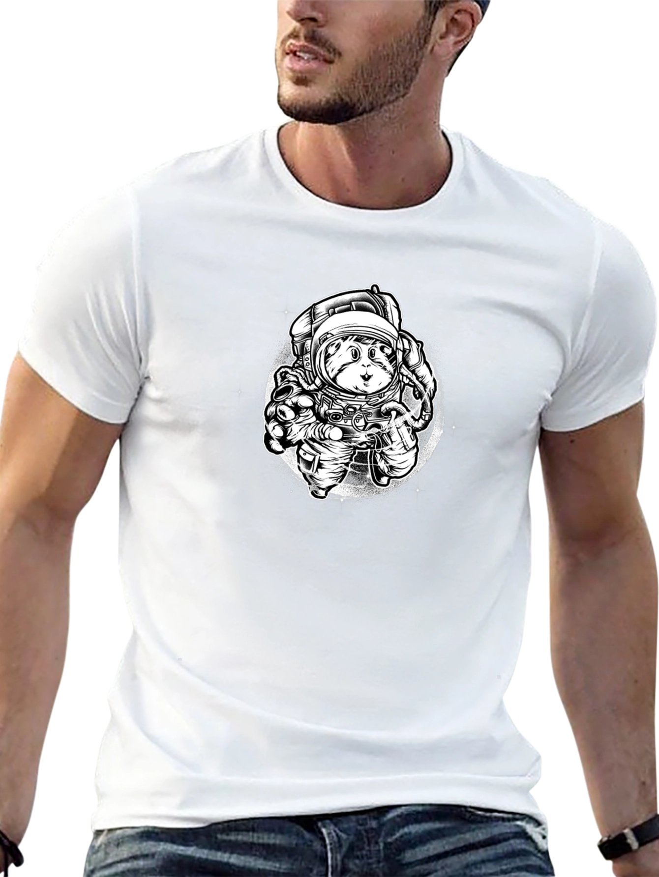 Astronaut Cat Graphic Tee - Black Cotton Blend