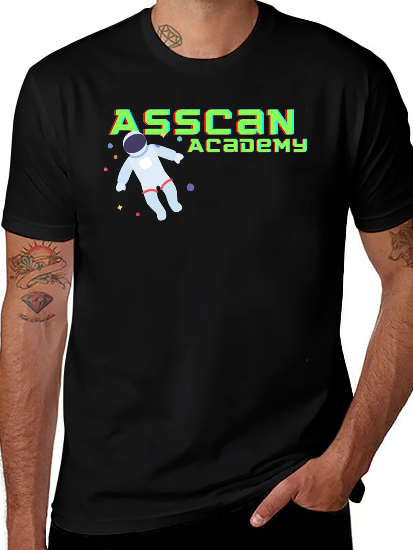 Asscan Academy Black T-Shirt with Astronaut Design