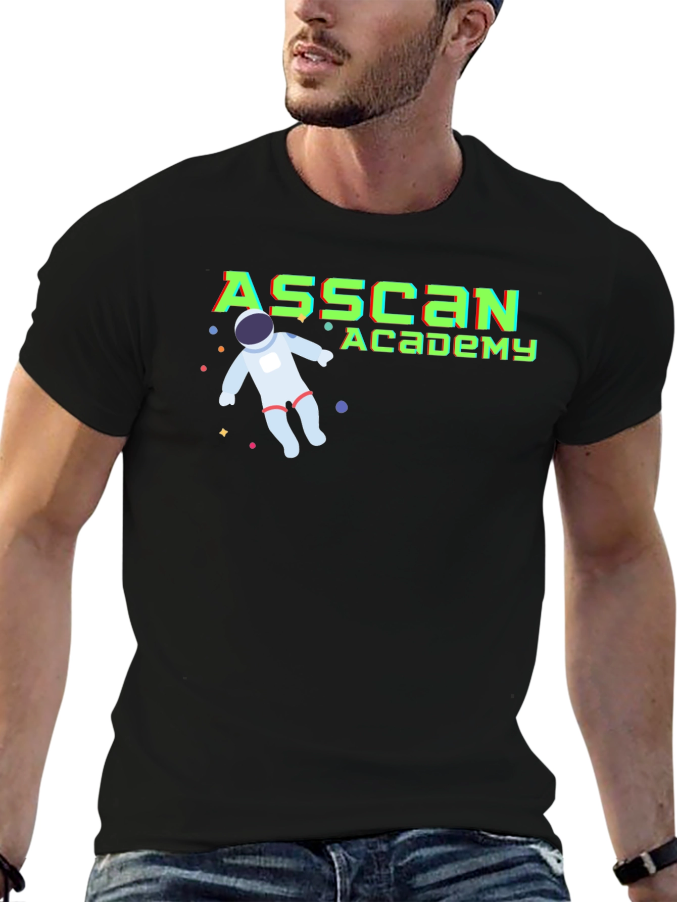 Asscan Academy Black T-Shirt with Astronaut Design
