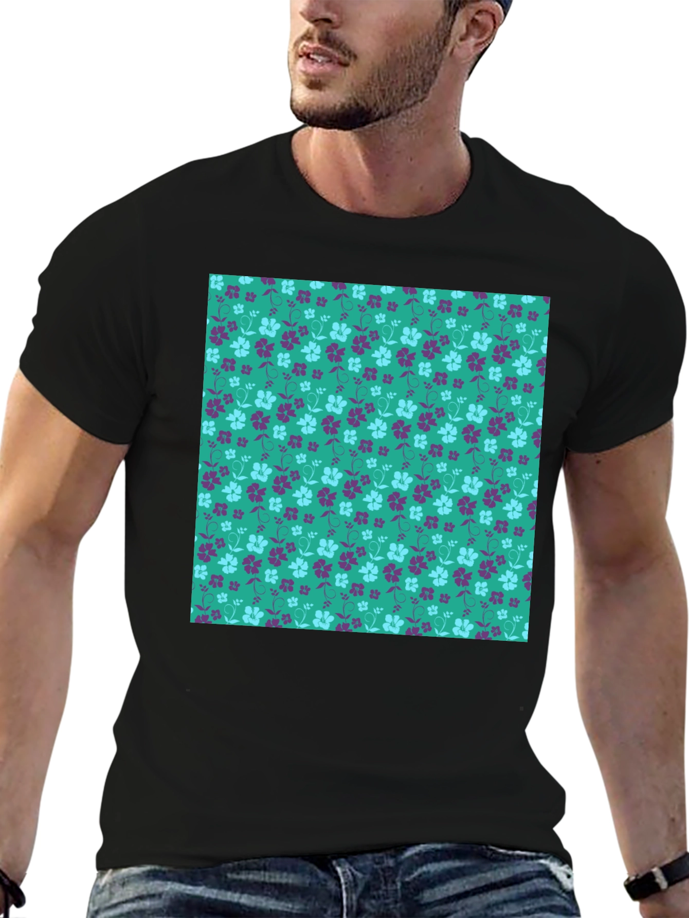 Floral Pattern Tee - Stylish Mens Black T-Shirt