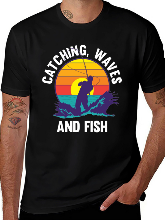 Catching Waves & Fish Graphic Tee - Retro Sunset Design