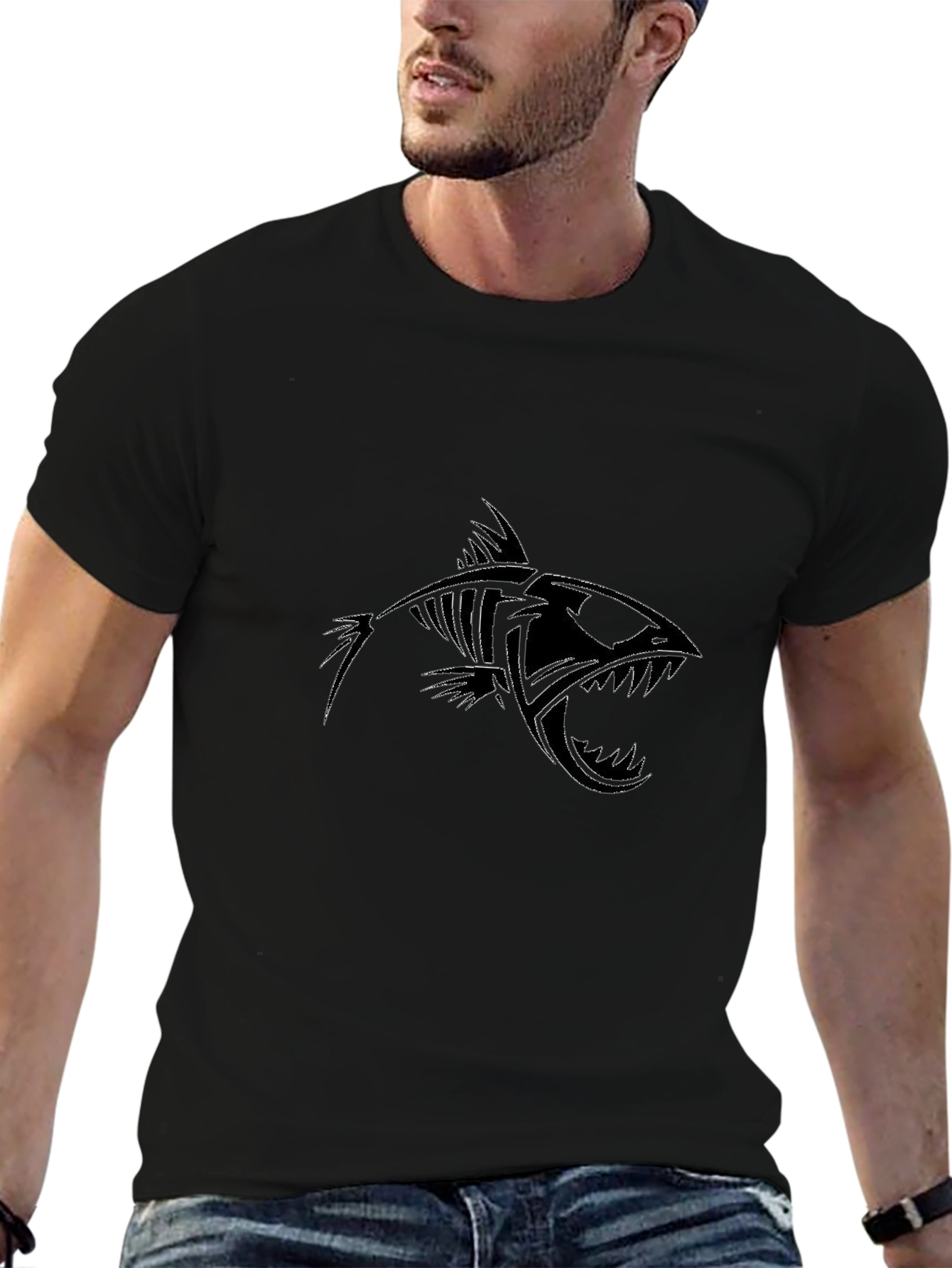 Mens Black Fish Skeleton Graphic Tee