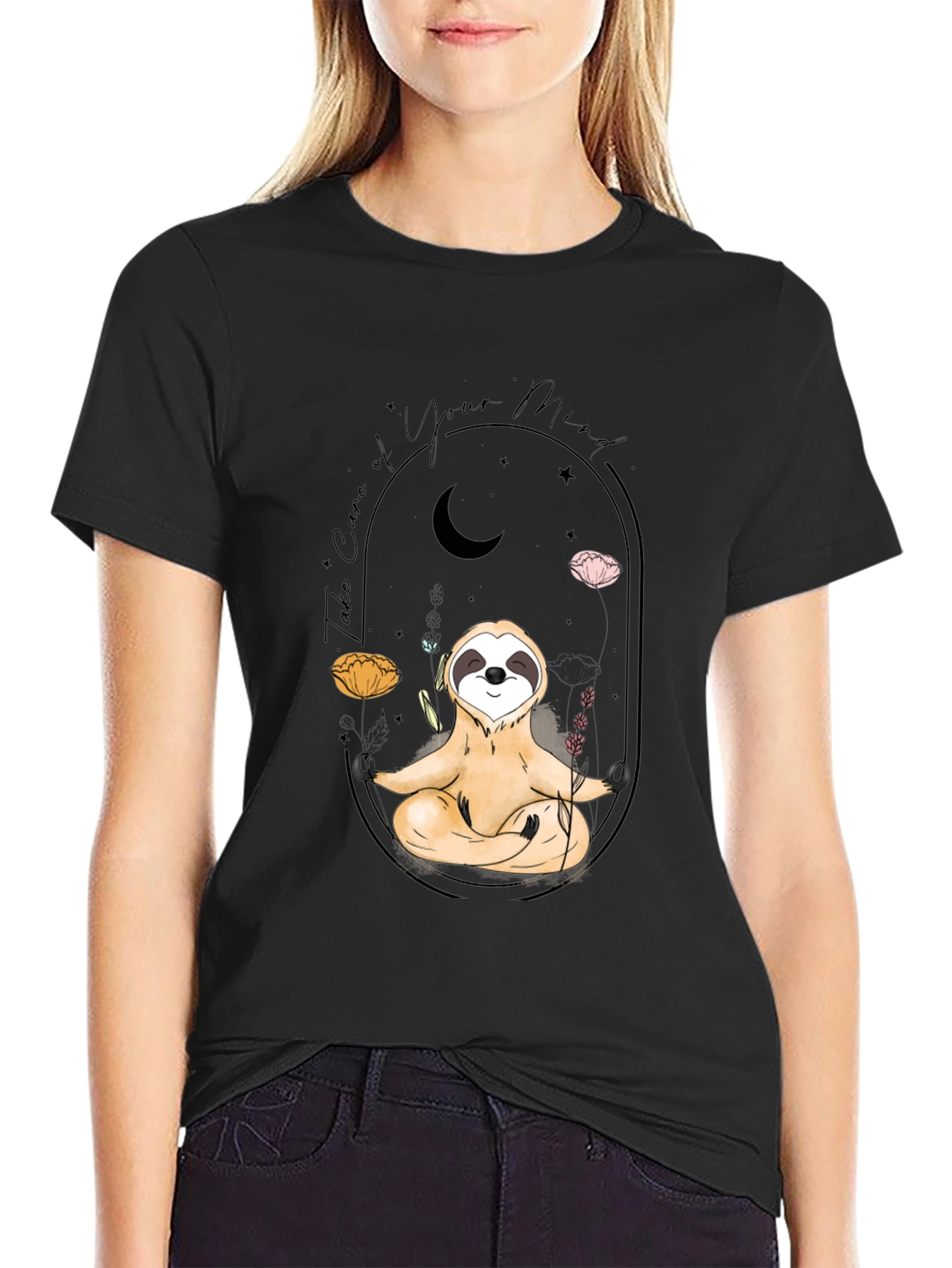 Meditating Sloth T-Shirt - Black Mindful Design