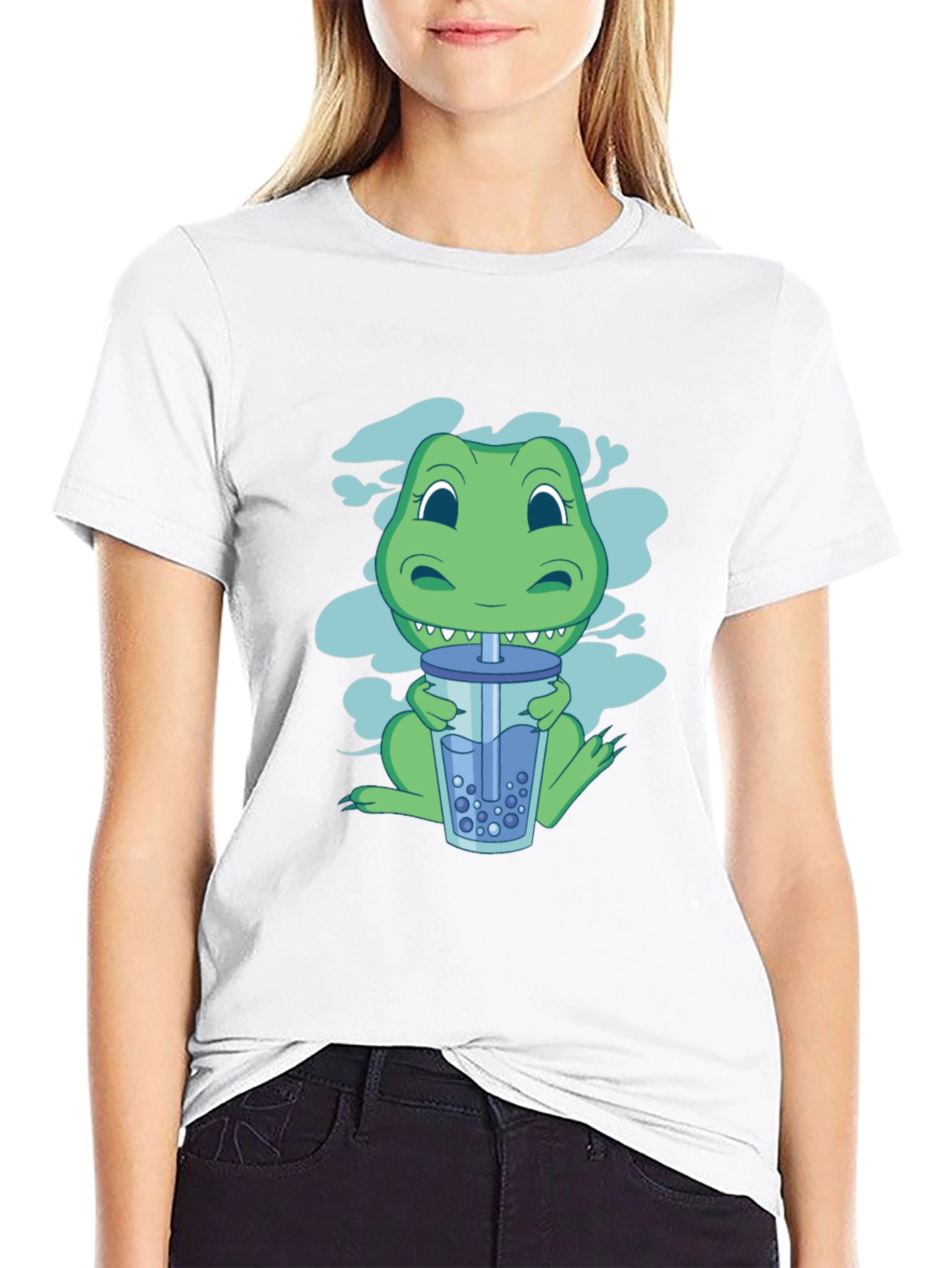 Dino Boba Tea Graphic Tee - Black Cotton T-Shirt