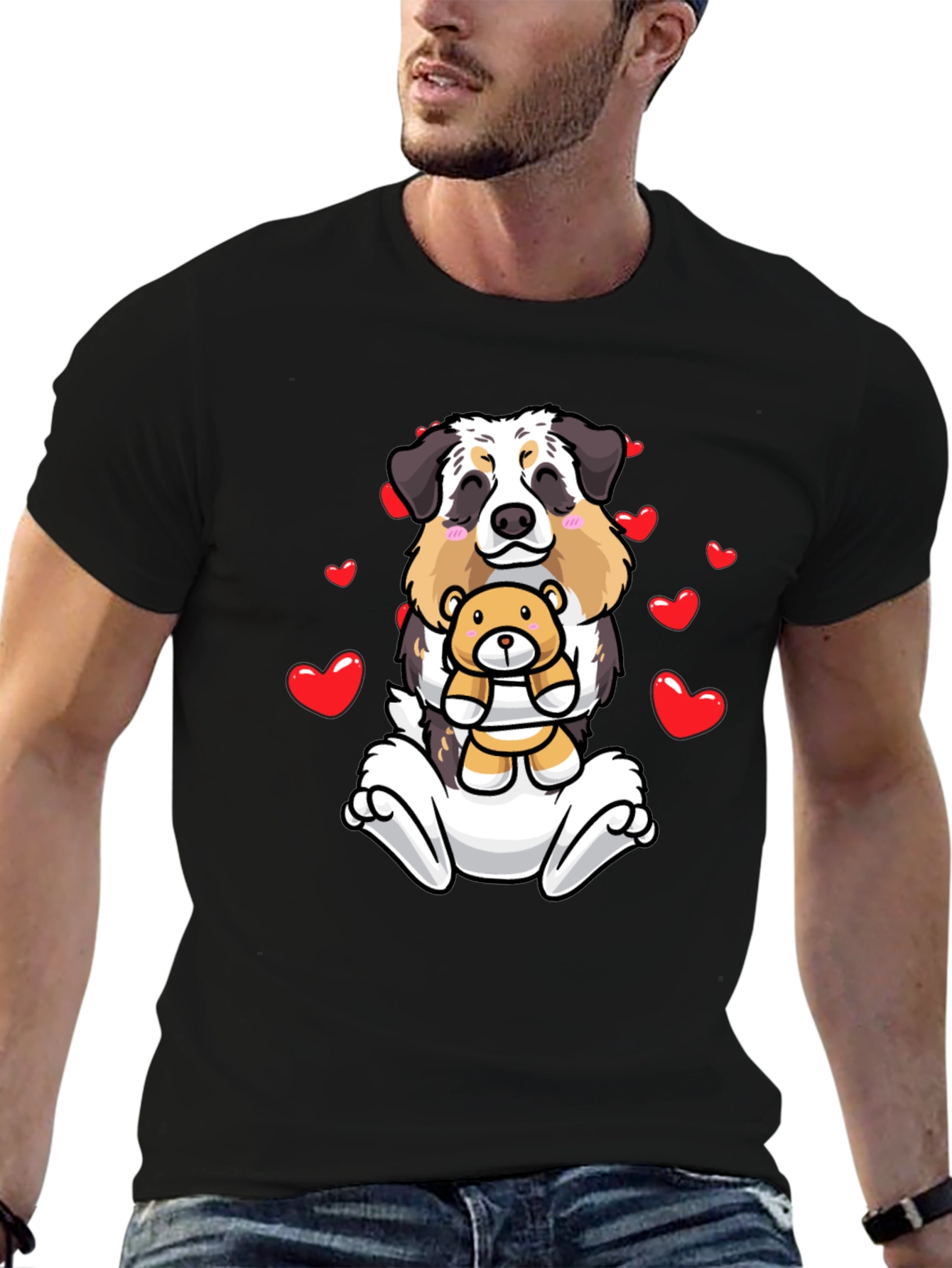 Dog & Teddy Bear Valentines Black T-Shirt