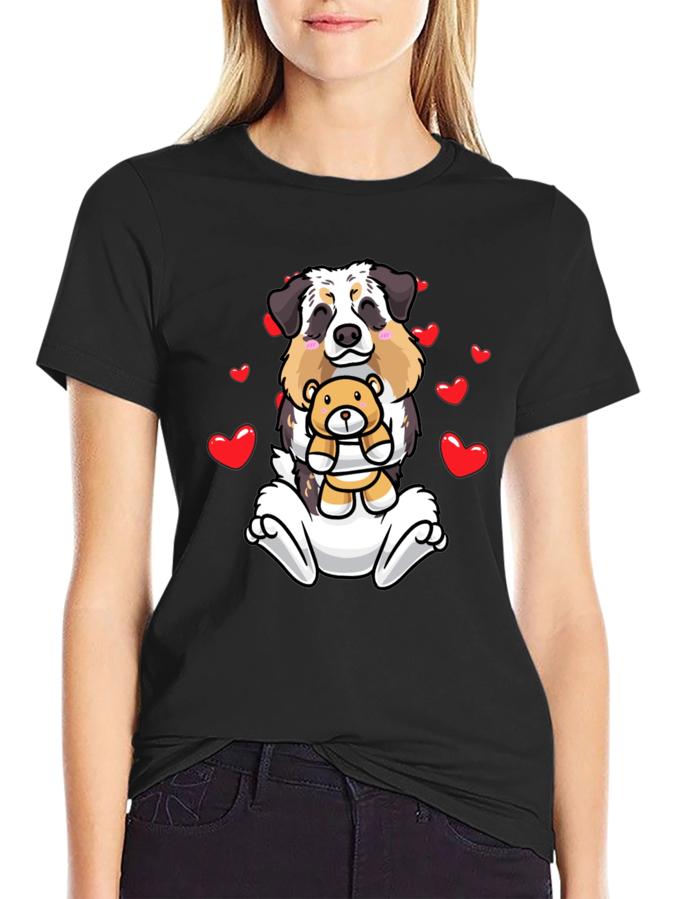 Dog & Teddy Bear Valentines Black T-Shirt