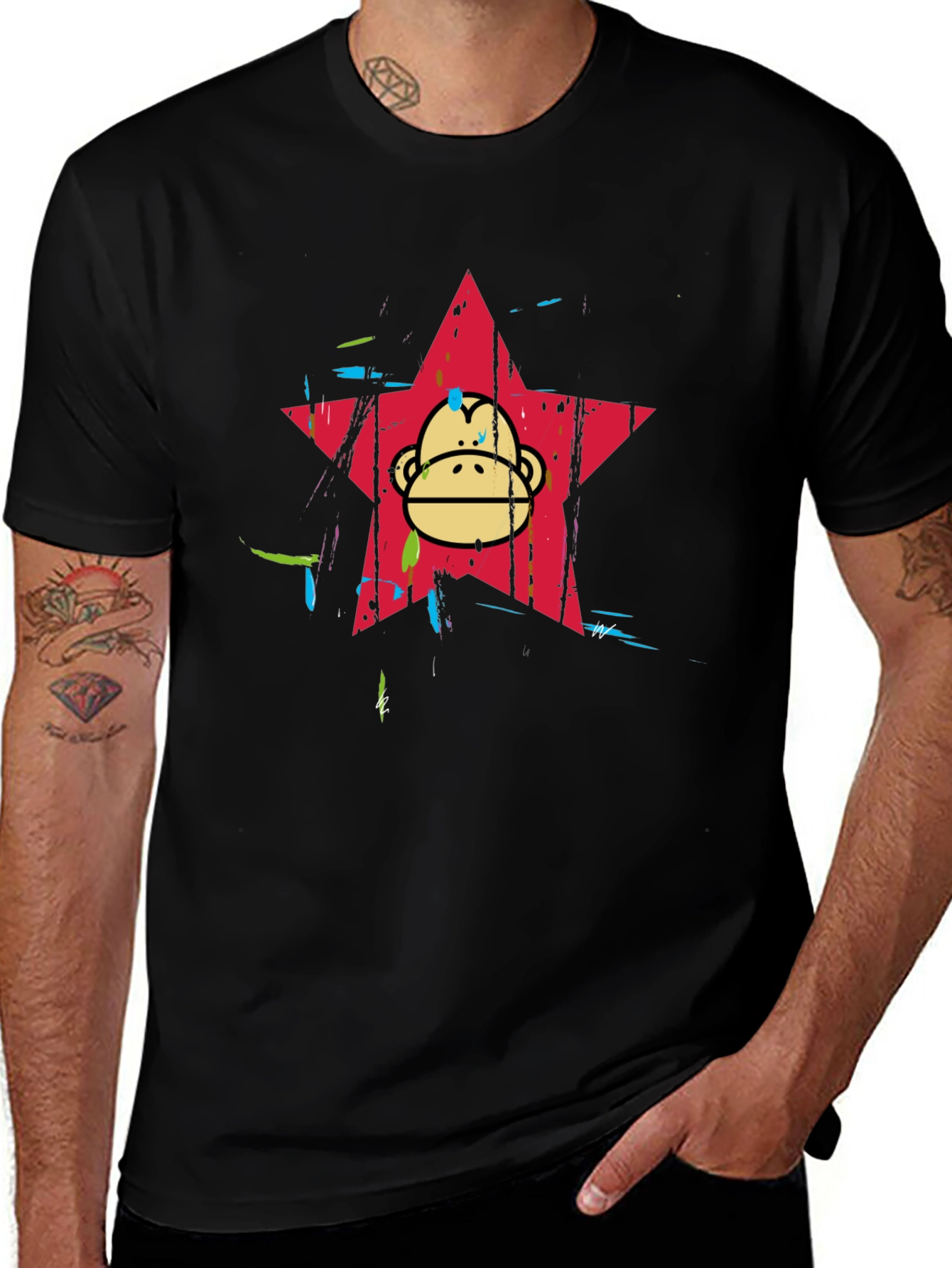 Funky Monkey Star Graphic Tee - Black Cotton Blend
