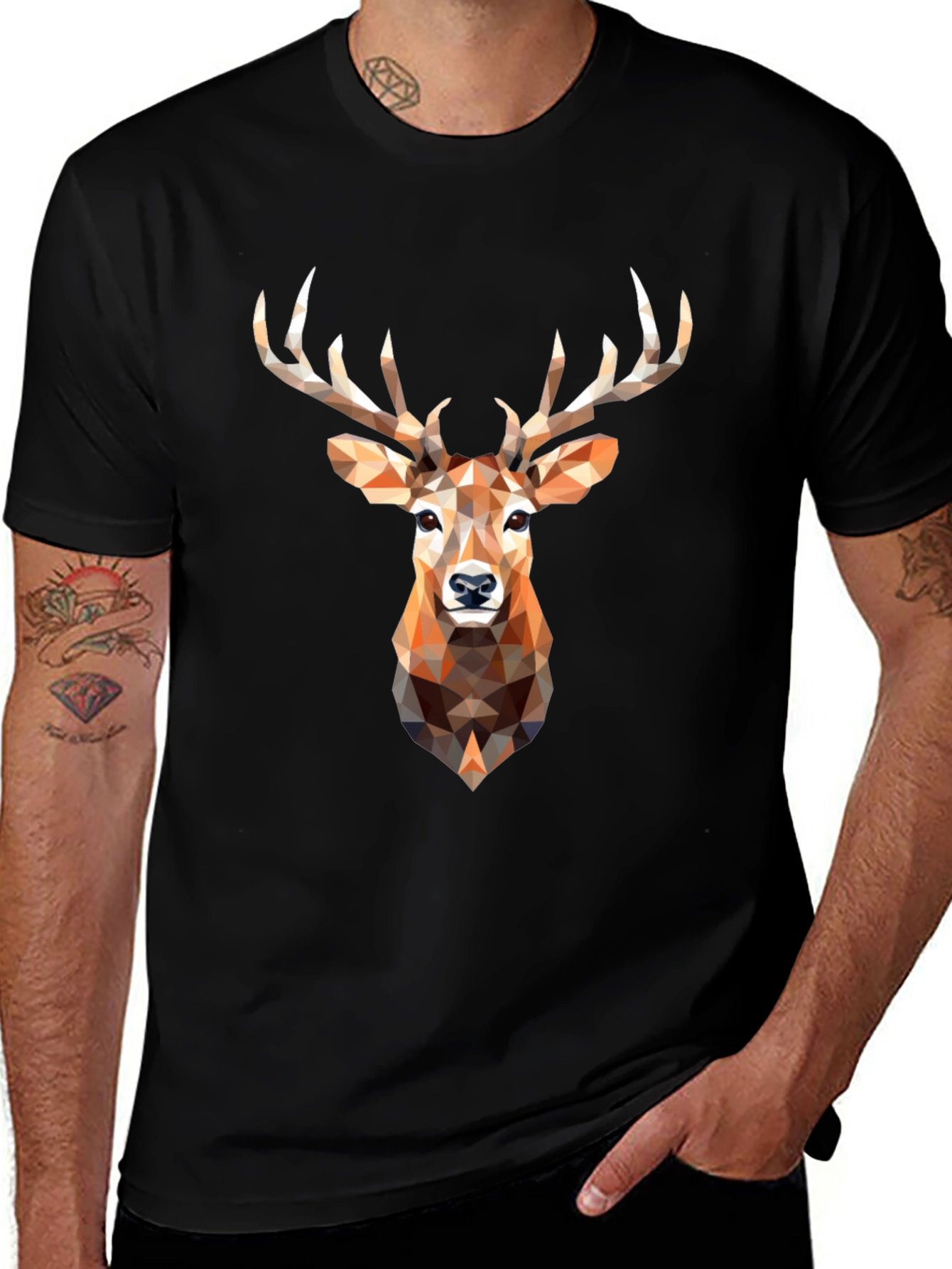 Geometric Deer Head Graphic Print Black T-Shirt