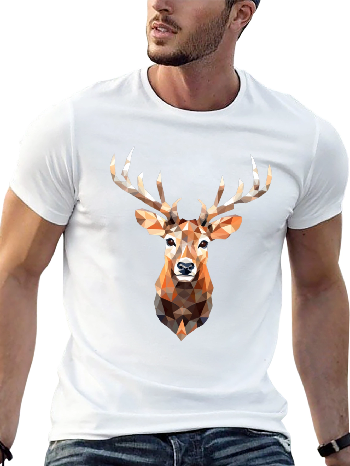 Geometric Deer Head Graphic Print Black T-Shirt