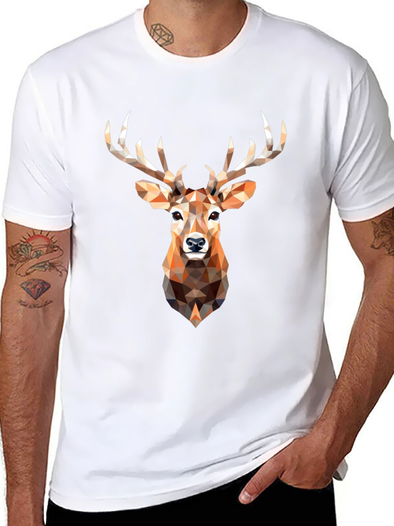 Geometric Deer Head Graphic Print Black T-Shirt