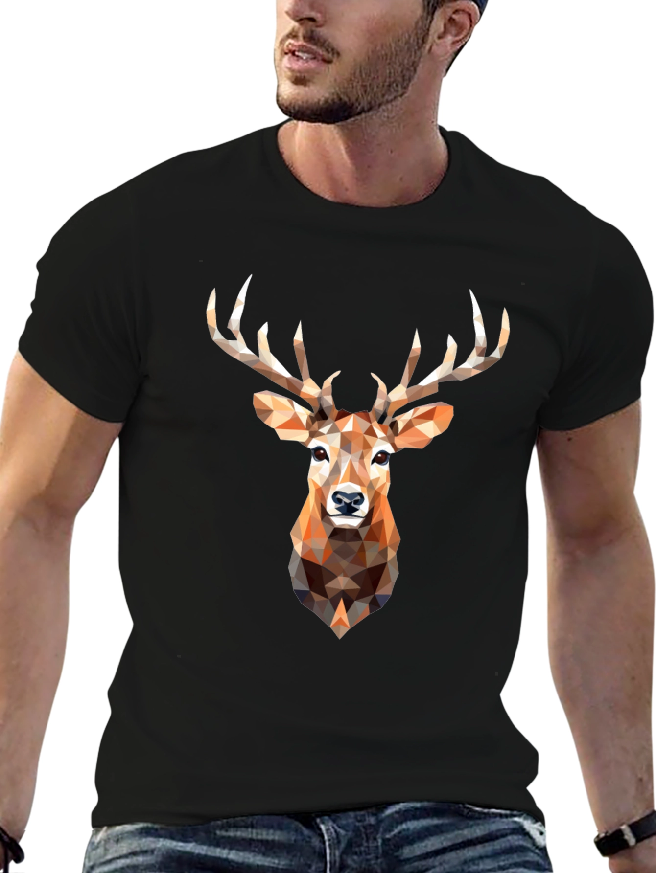 Geometric Deer Head Graphic Print Black T-Shirt