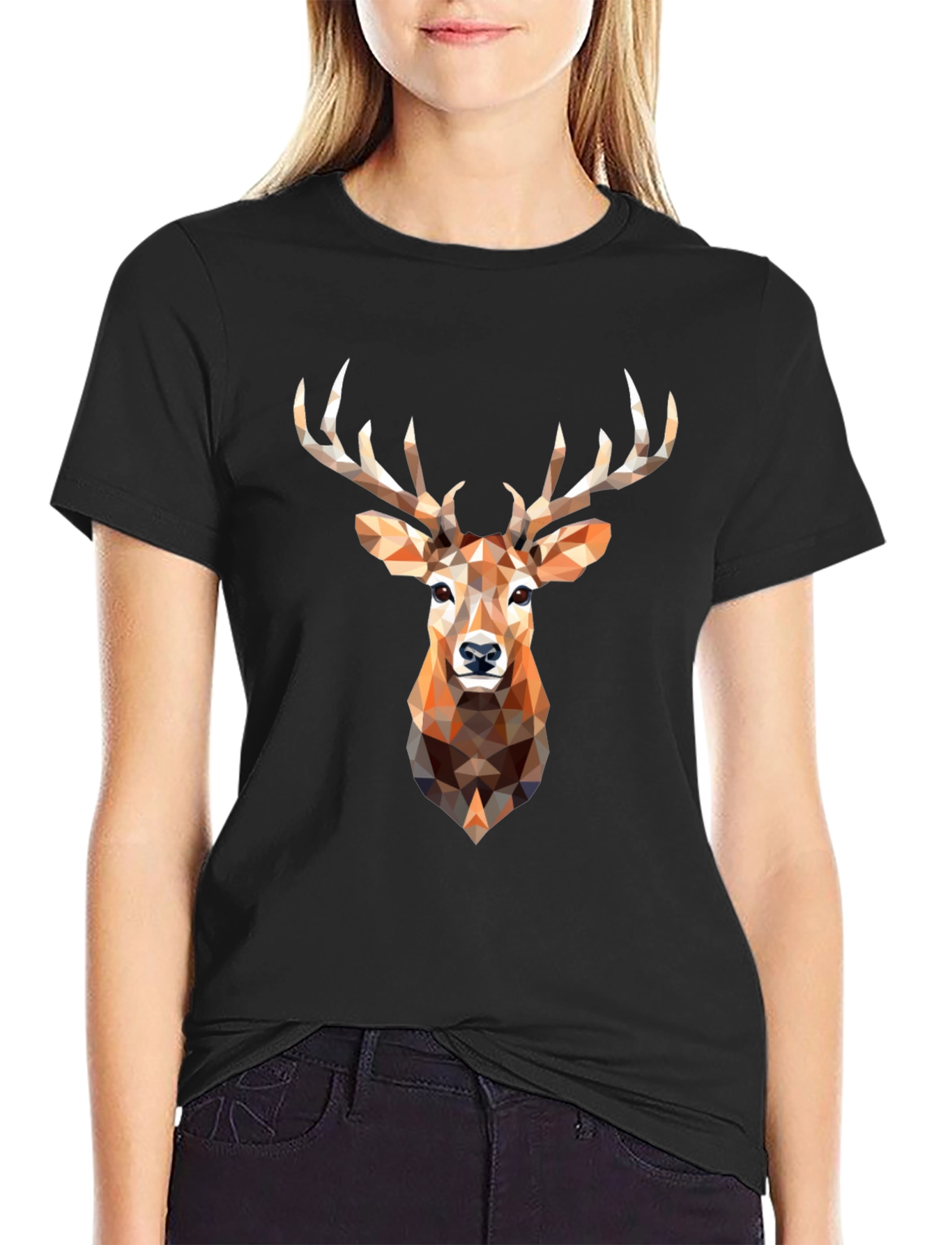 Geometric Deer Head Graphic Print Black T-Shirt