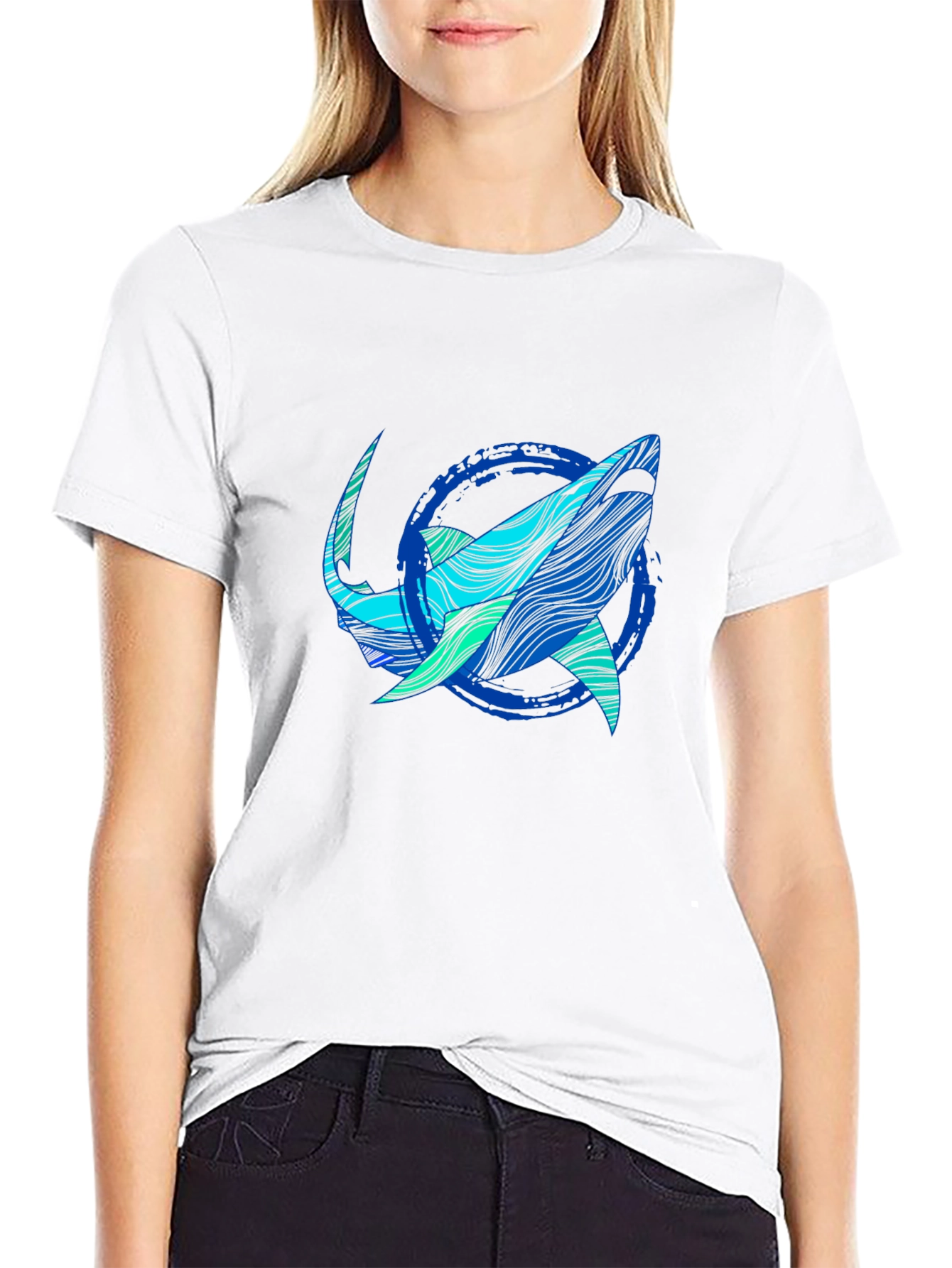 Shark Graphic Print Tee - Stylish Blue Wave Design