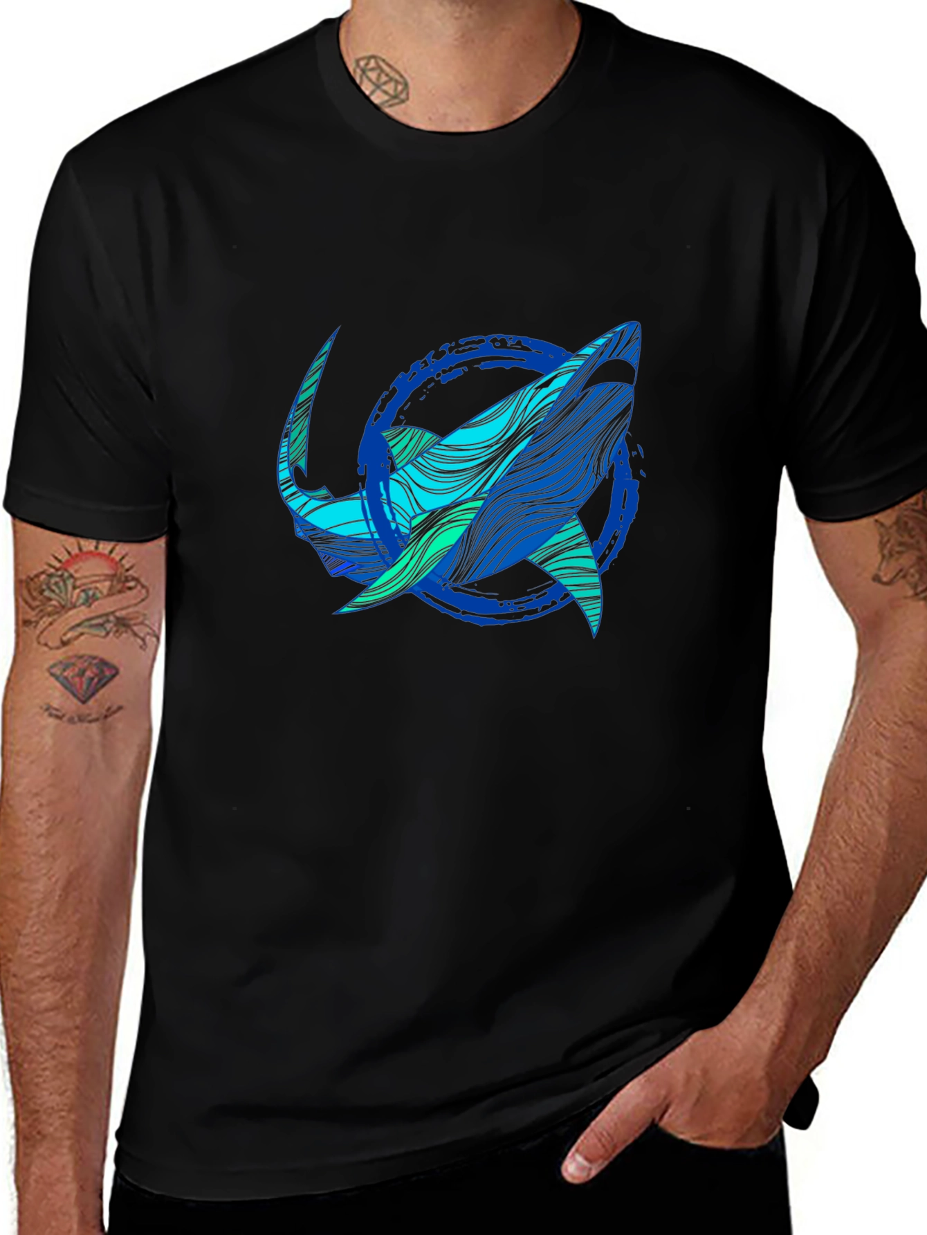 Shark Graphic Print Tee - Stylish Blue Wave Design