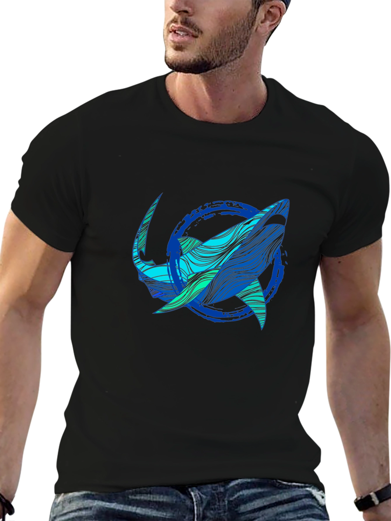 Shark Graphic Print Tee - Stylish Blue Wave Design