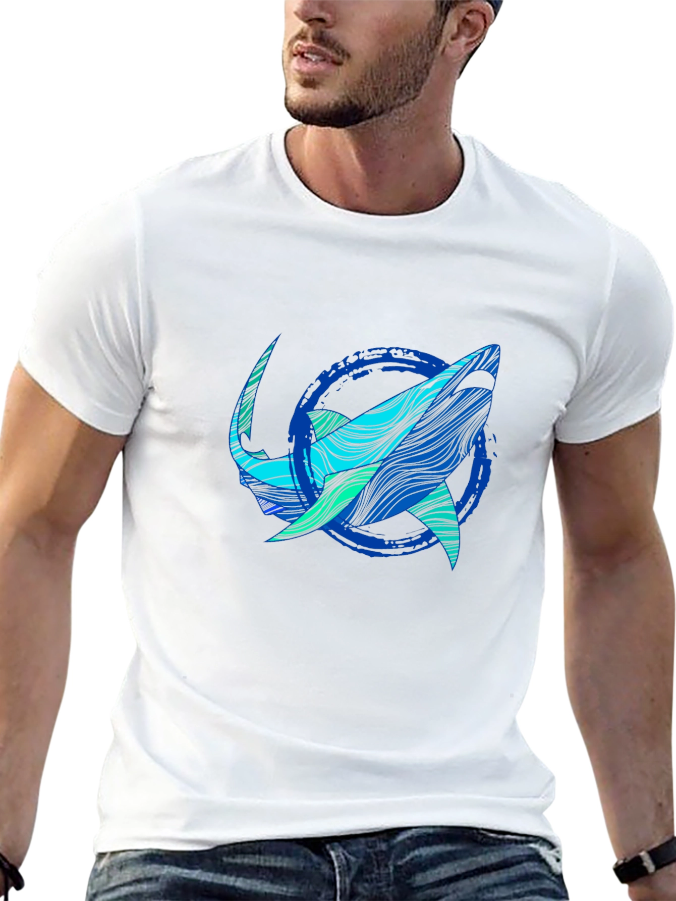 Shark Graphic Print Tee - Stylish Blue Wave Design