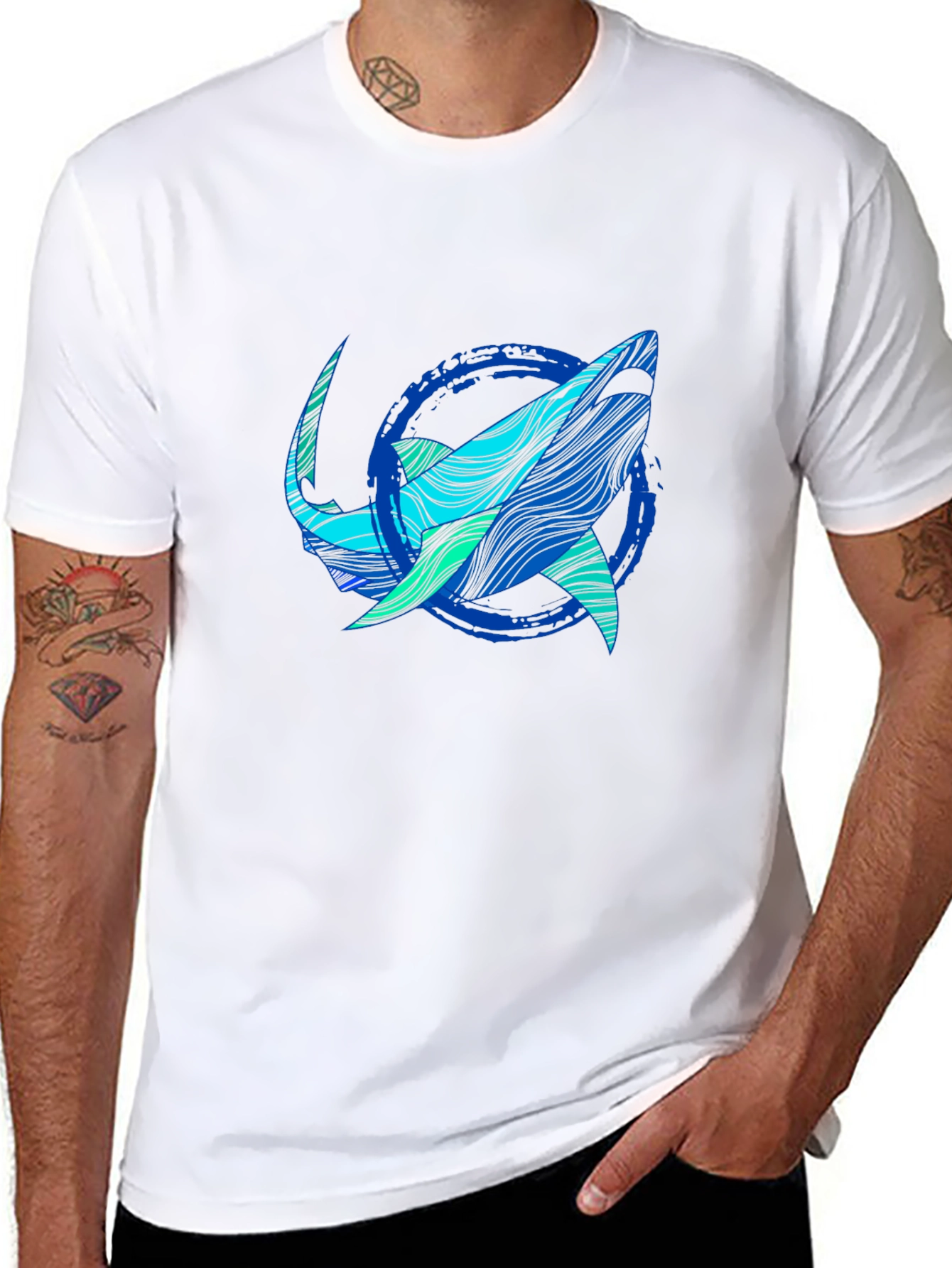 Shark Graphic Print Tee - Stylish Blue Wave Design