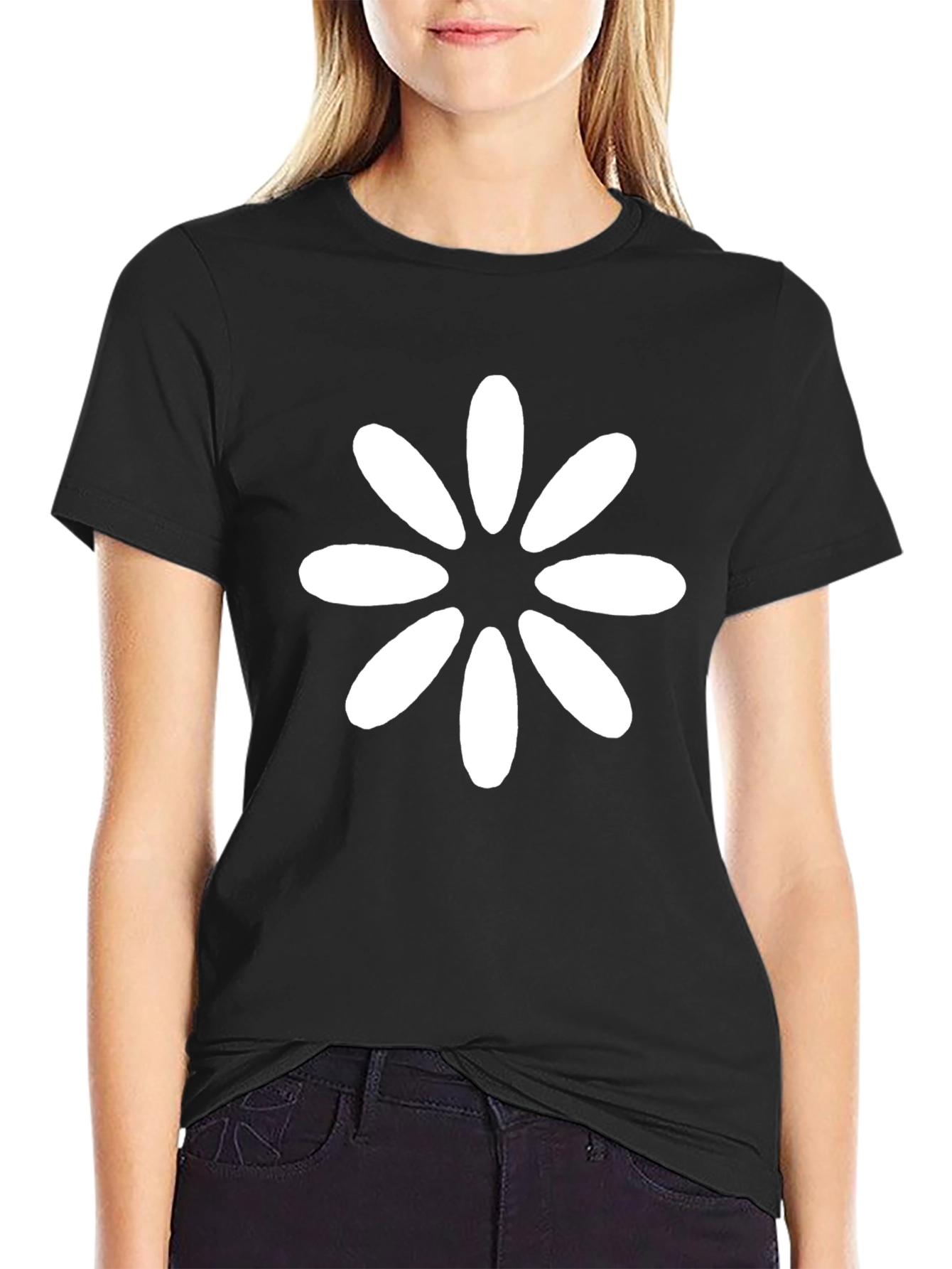 Black T-Shirt with White Flower Design