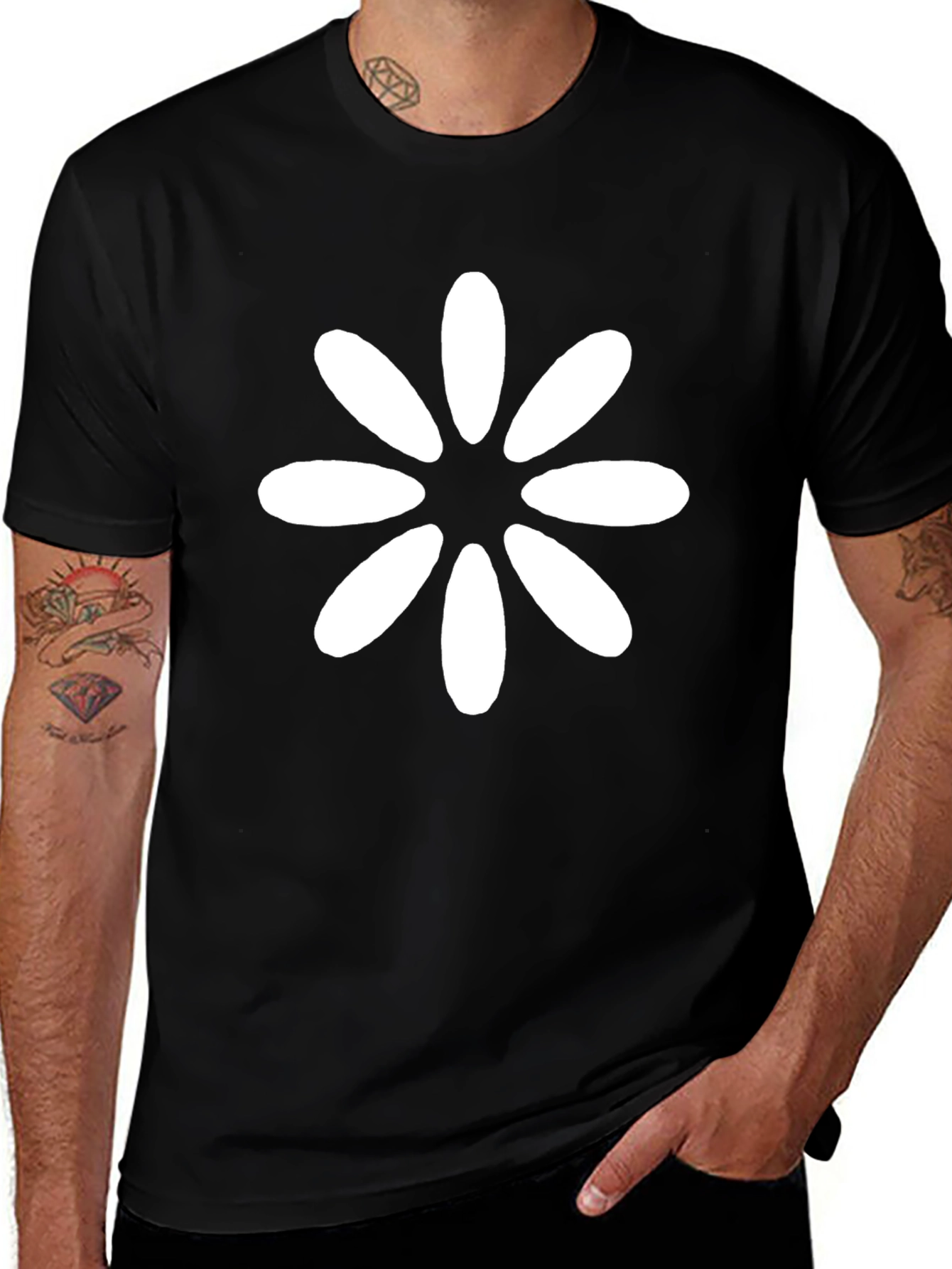 Black T-Shirt with White Flower Design