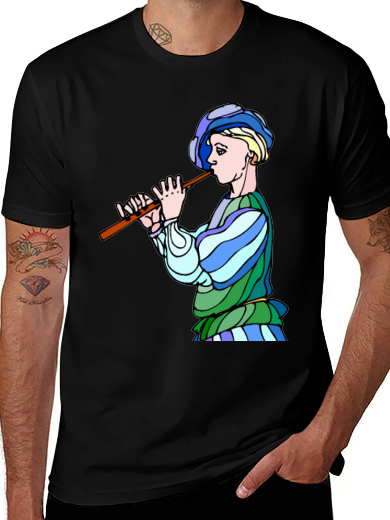 Medieval Flute Player Graphic Tee - Black