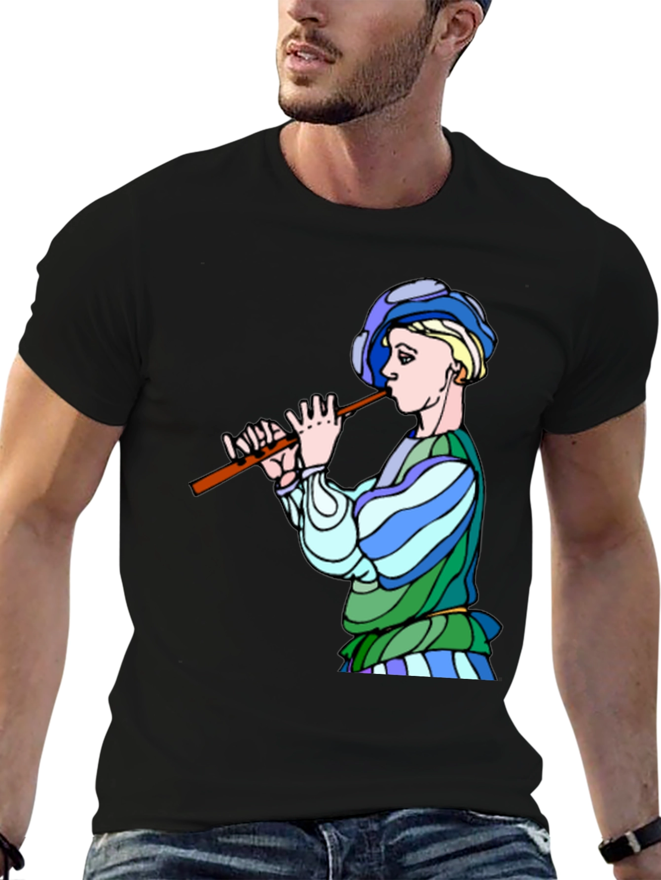 Medieval Flute Player Graphic Tee - Black