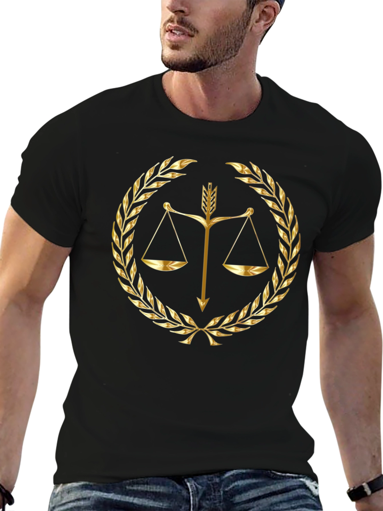 Scales of Justice Gold Print Black T-Shirt