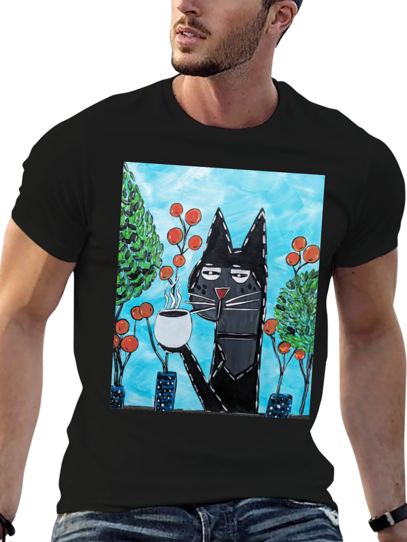 Cool Cat Sipping Coffee T-Shirt