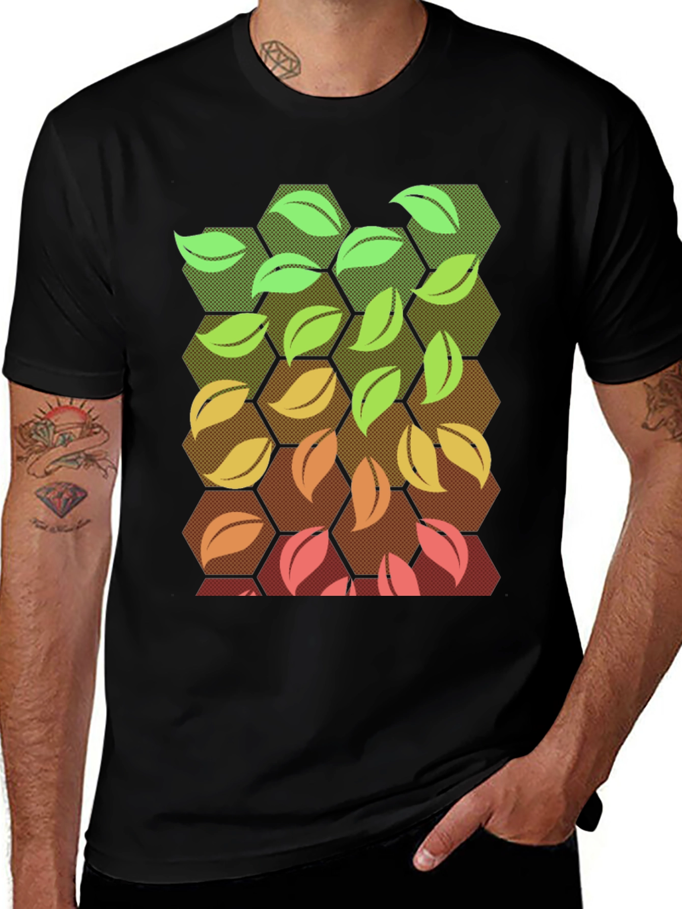 Nature Hexagon Leaf Graphic Tee - Black