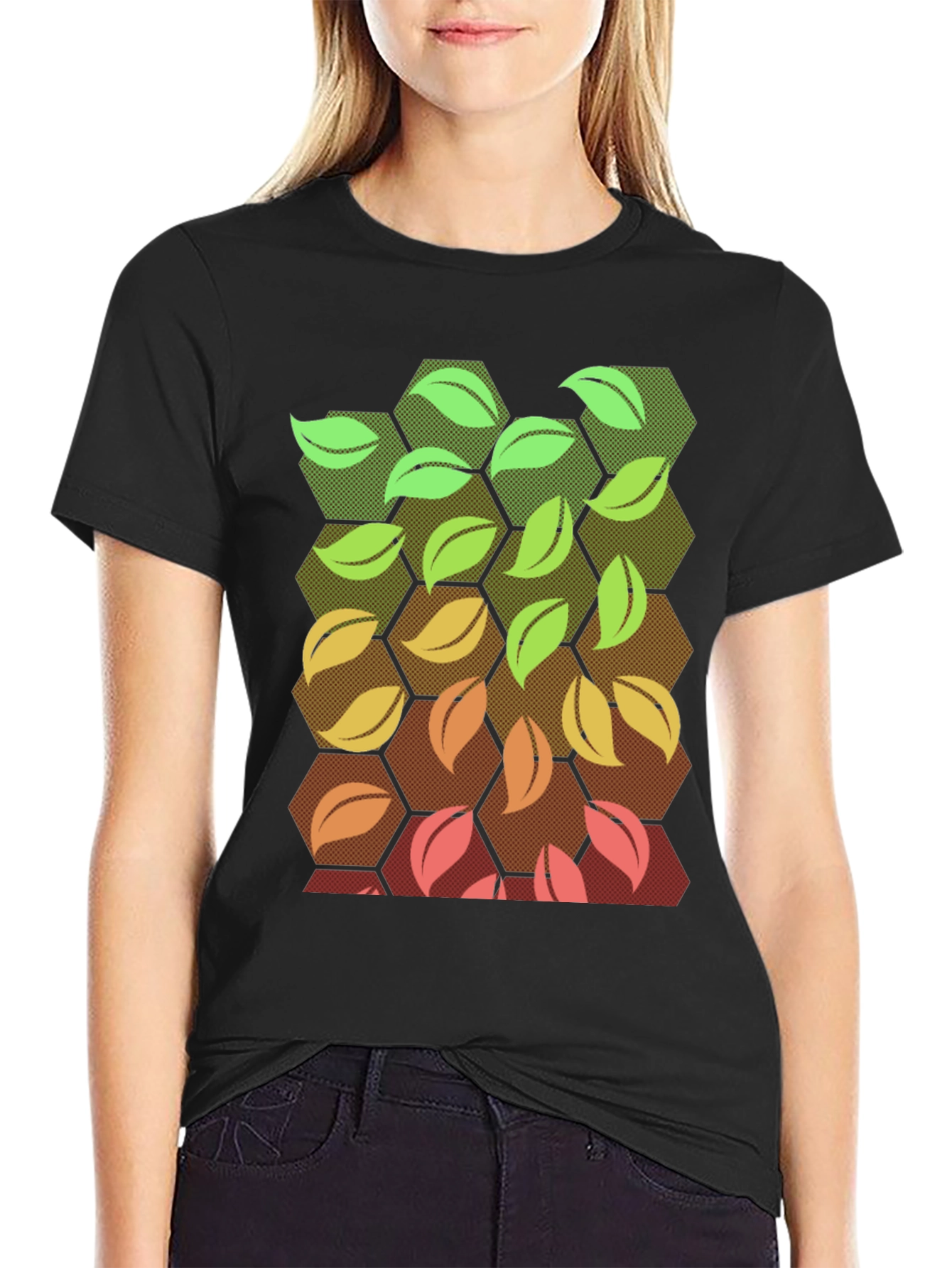 Nature Hexagon Leaf Graphic Tee - Black
