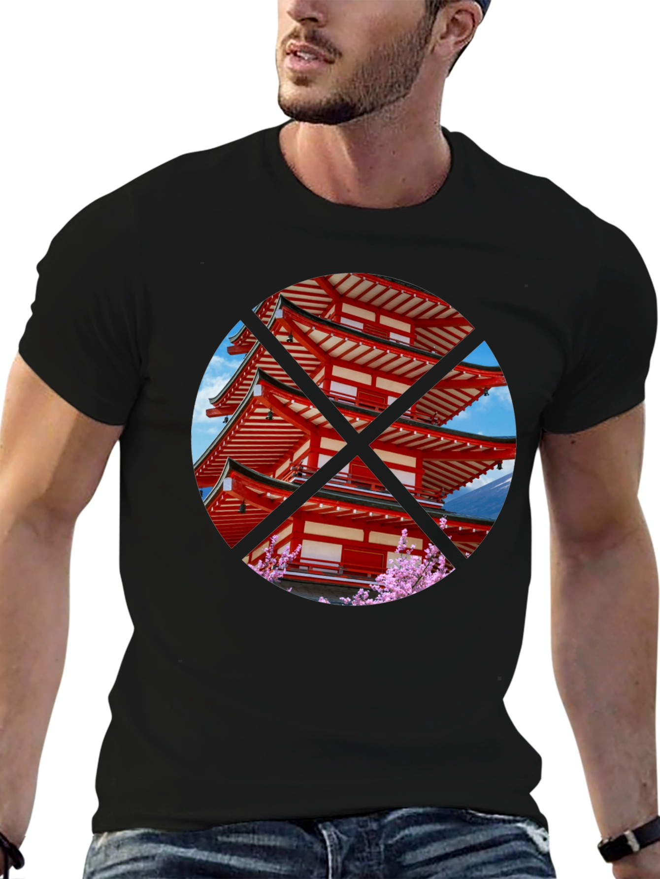 Japanese Pagoda T-Shirt - Black Crew Neck Tee